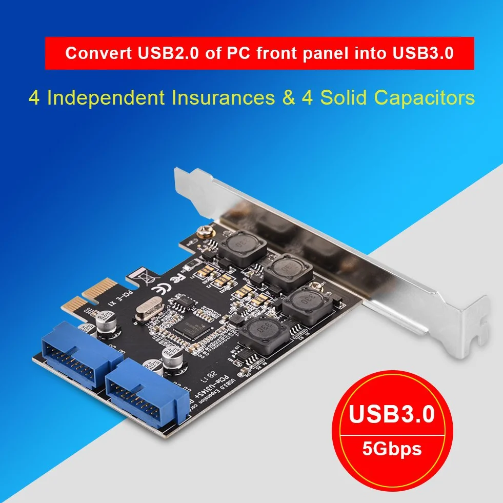 ASHATA Kontroler PCI Express USB 3.0, Karta Rozszerzeń PCI-E, 2 x Wewnętrzne Złącza 19-Pinowe, Super Speed Do 2 Portów Wewnętrznych, Adapter Dla WinXP/7/8/8.1/10