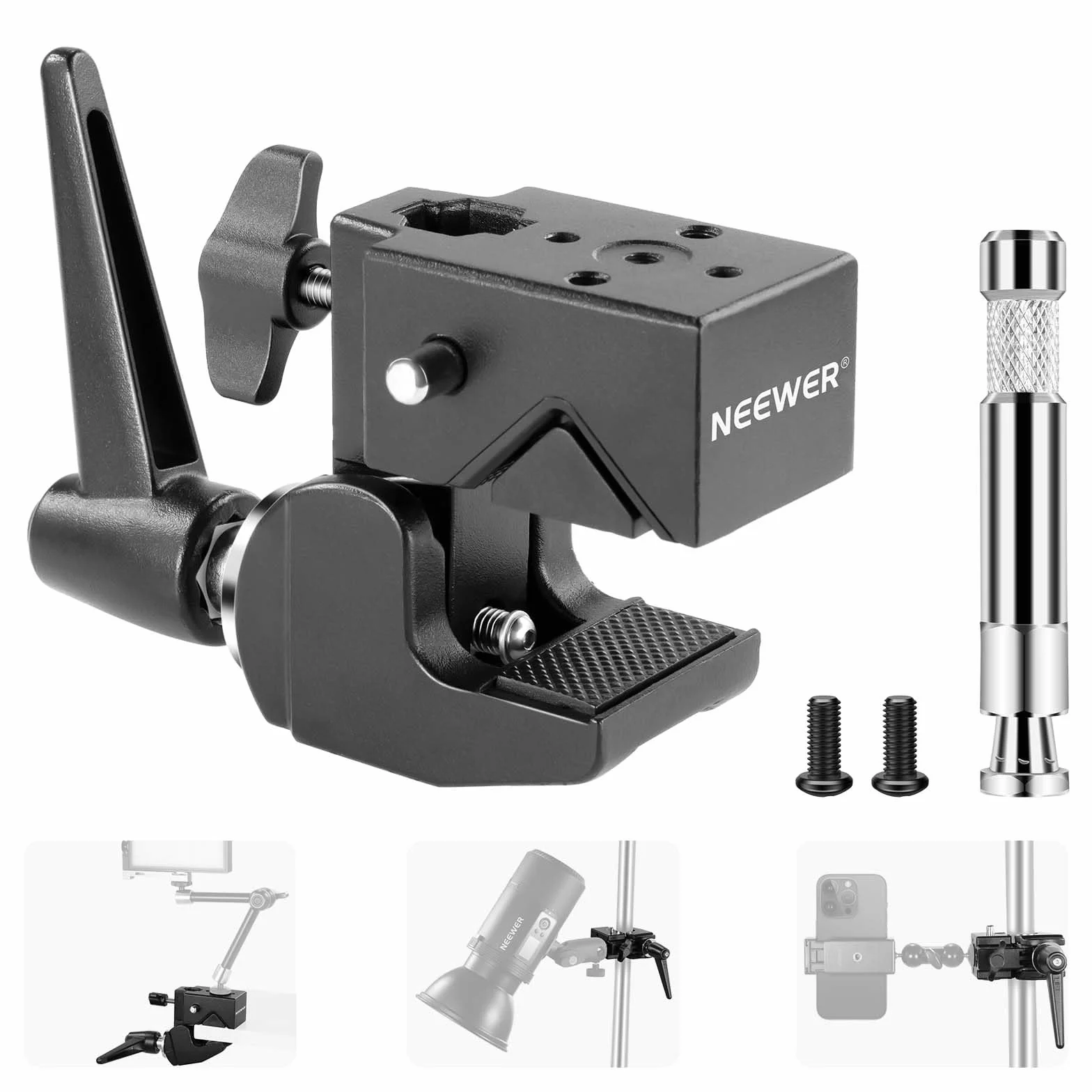 NEEWER Super zacisk z bolcem 5/8", zamknięcie sprężynowe, uchwyt szczękowy Heavy Duty Crab Pole Clamp do okrągłych rur, płaska powierzchnia, do studia fotograficznego, montażu oświetlenia, maks