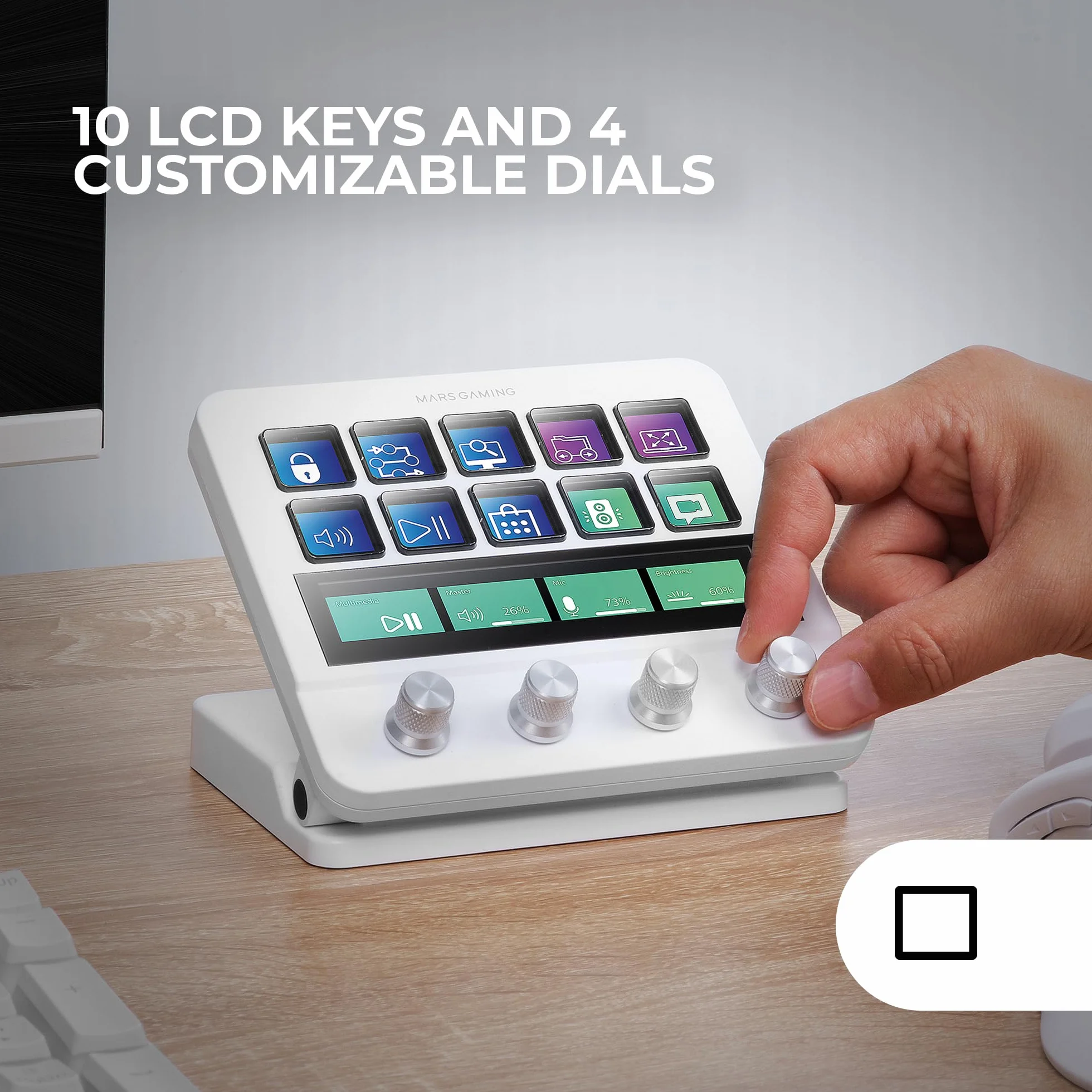 Mars Gaming MSD-PRO, Panel Sterujący, 10 Personalizowanych Klawiszy LCD i 4 Pokrętła, Rozszerzony Animowany Ekran Dotykowy, Regulowana Podstawka, Oprogramowanie Sterujące, 2x USB 3.0, USB-C, Biały