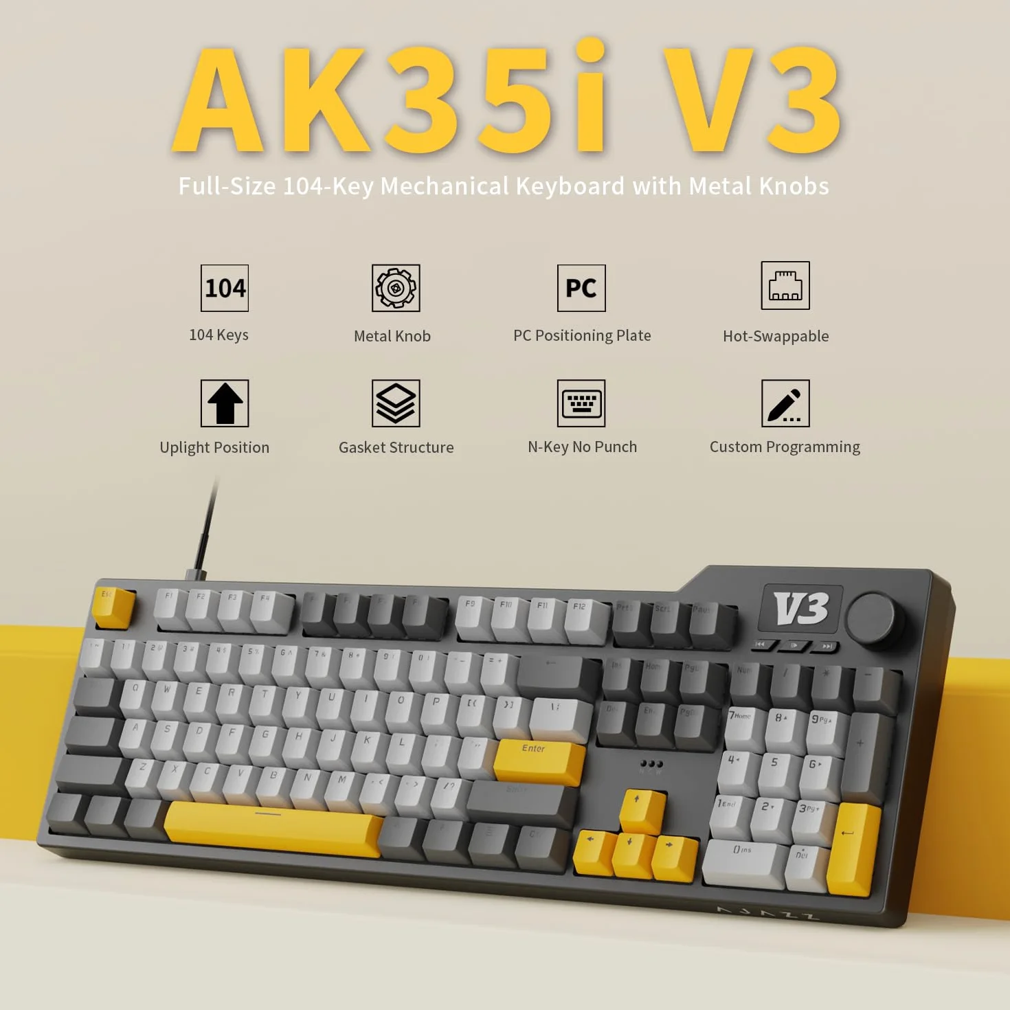 AJAZZ AK35I V3 Pełnowymiarowa przewodowa klawiatura do gier 104 klawisze z przyciskami multimedialnymi i przyciskiem sterowania, pięciowarstwowa podkładka | Klawisze PBT Profile OEM | Klawiatura