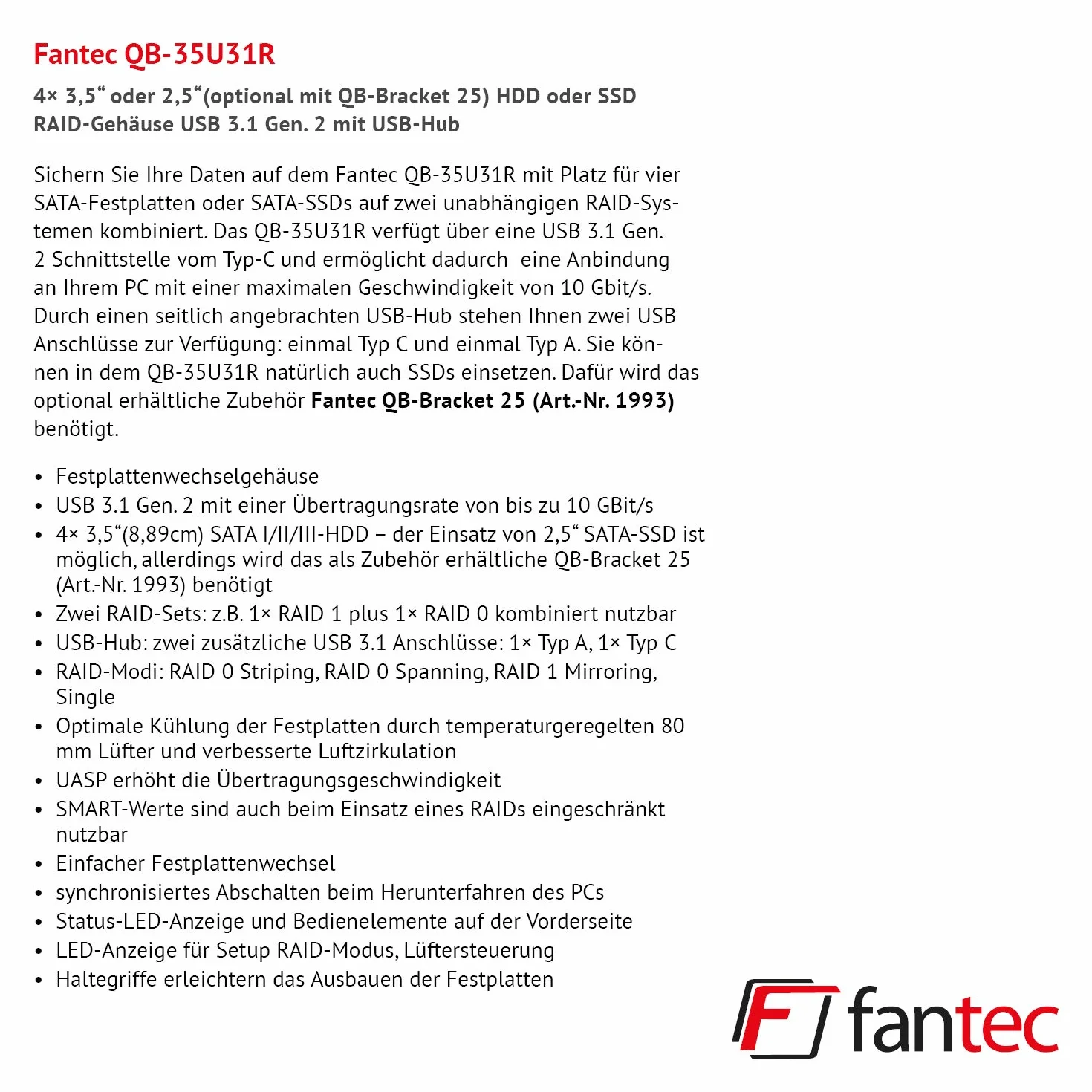FANTEC QB-35U31R zewnętrzna obudowa dysku twardego RAID do 4 x 8, 89 cm (3,5 cala), złącze USB 3.1 generacji II, funkcja Raid z 2 niezależnymi zestawami, wentylatory 80 mm, czarna