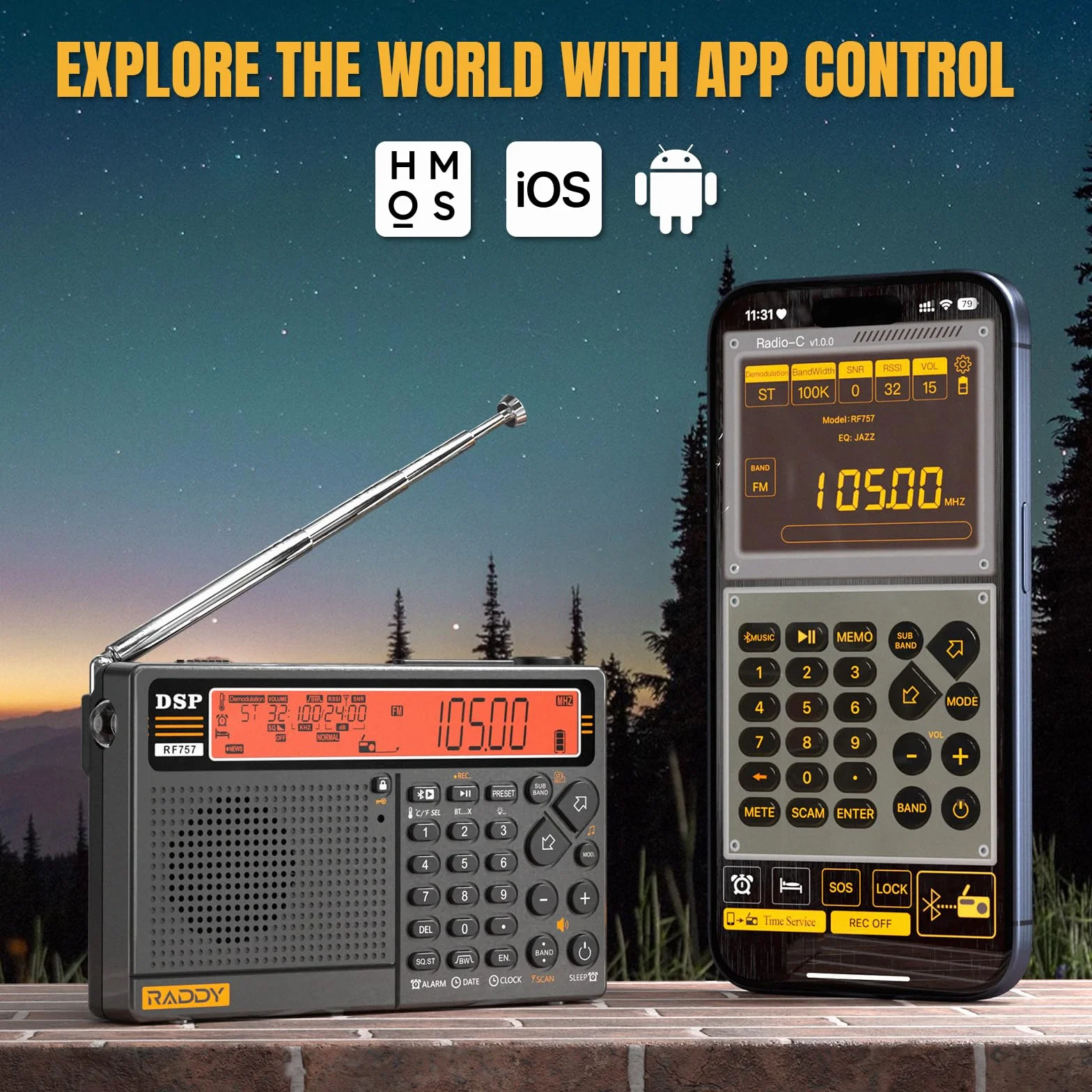 Raddy RF757 radio, sterowanie przez aplikację, radio krótkofalowe, przenośne radio z odbiorem AM/FM/SW/VHF/UHF/CB/AIR, bateria 2500 mAh, 1000 predefiniowanych stacji, słuchawki, przewodowa antena