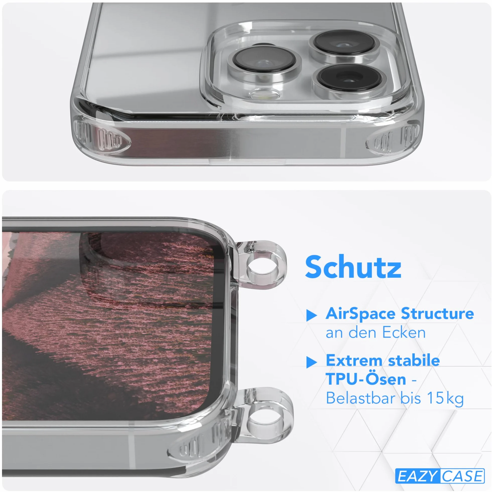 EAZY CASE Łańcuszek do telefonu kompatybilny z iPhone 14 Pro etui na telefon ze smyczą, sznurek do telefonu z etui silikonowe, stylowy łańcuszek z etui na smartfon w Stary róż