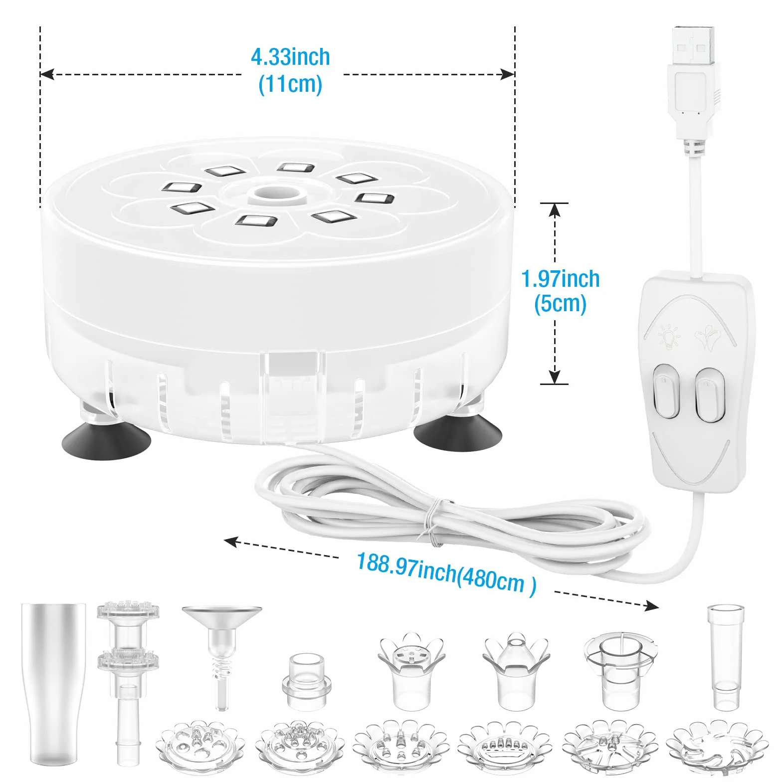 AISITIN Fontanna LED 2,5 W, USB, kolorowa fontanna solarna do użytku na zewnątrz, z kablem 4,8 m, solarna pompa do oczka wodnego, z różnymi wymiennymi dyszami, do ogrodu, stawu rybnego, basenu dla ptaków, przezroczysta