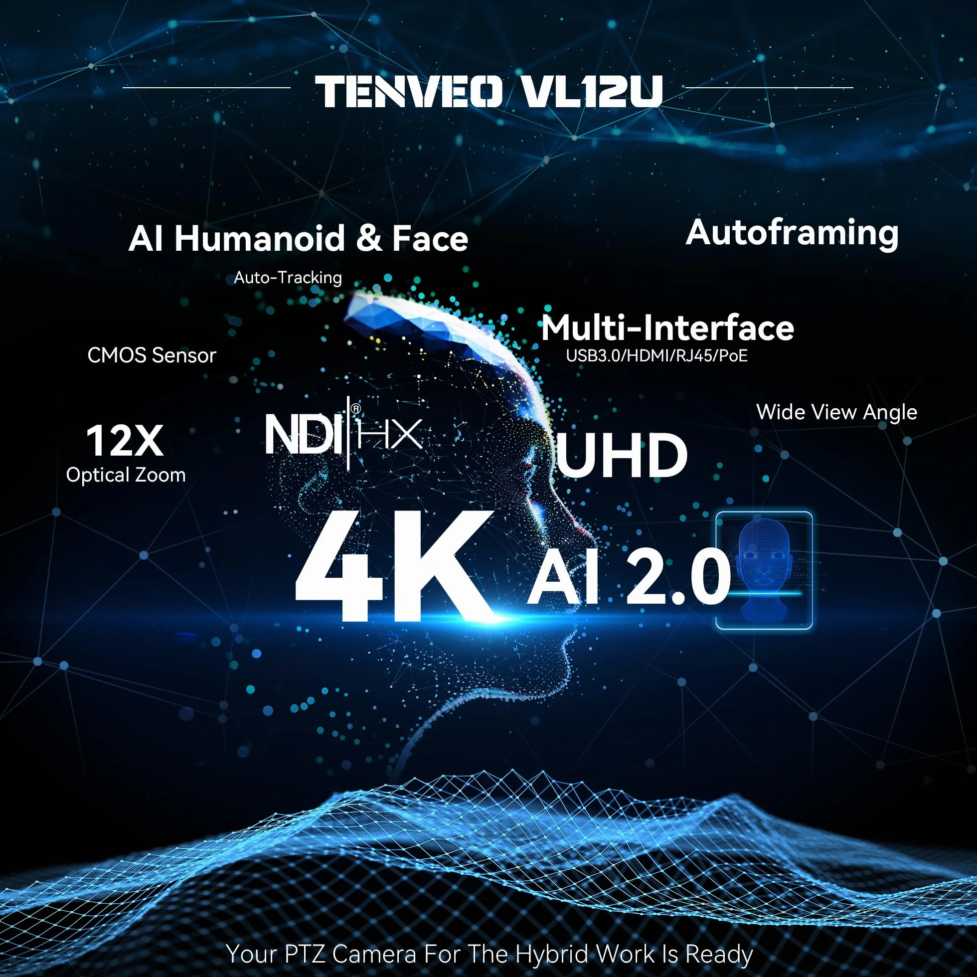Tenveo Kamera PTZ 4K z NDI I AI-Tracking – 12x Zoom Optyczny, USB3.0/HDMI/PoE, do Transmisji na Żywo (OBS/vMix), Kościoła, Konferencji