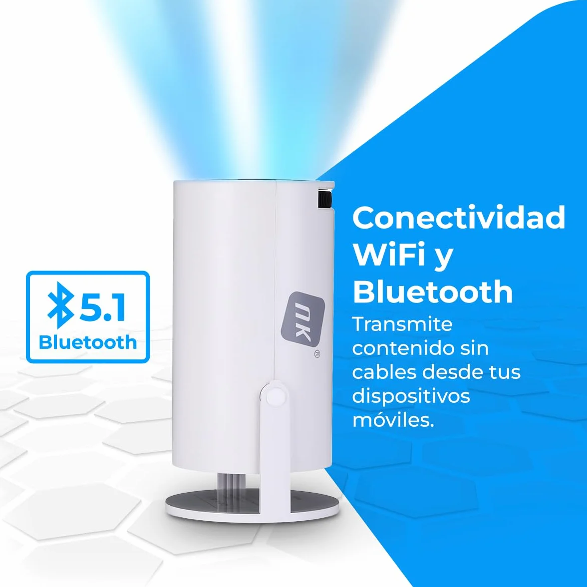 NK Mini przenośny projektor - rozdzielczość Full HD 1080P (obsługuje 4K), Android, WiFi, Bluetooth, Mirror Link, szkło 2,69" LCD, wbudowany głośnik, HDMI i USB, obrót 180°, (10'8x10'3 cm)