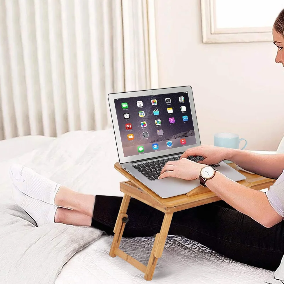 Ejoyous Bambusowy stolik na laptopa, regulowana składana wysokość Bambusowe łóżko lapdesk lapdesk z szufladą i otworami wentylacyjnymi
