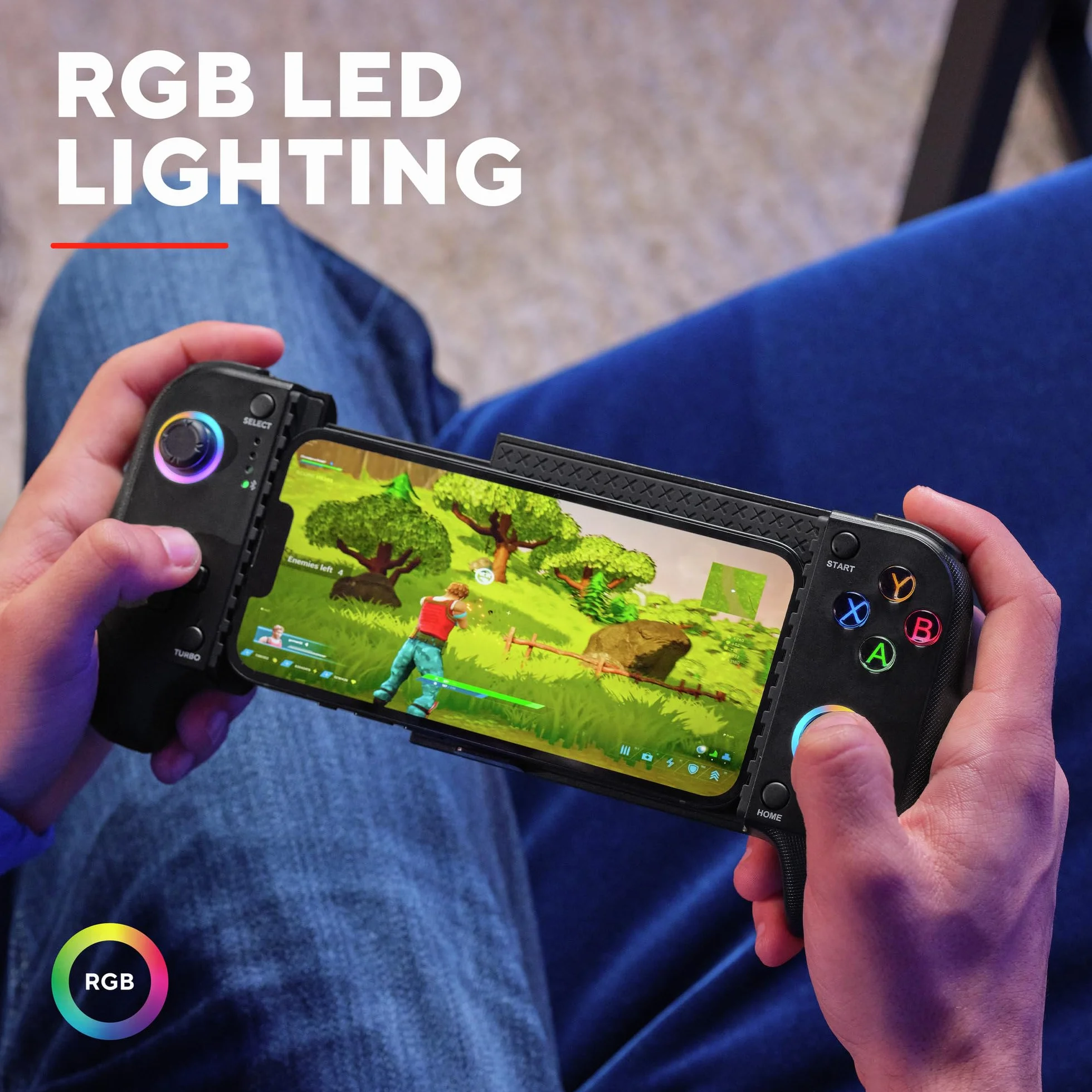 Trust Gaming GXTrust 735 Mylox Kontroler do Gier z Uchwytem na Telefon iPhone Android PS5 Xbox, Akumulator do 12h, Gamepad Bluetooth do Smartfona, Podświetlenie LED RGB, 18 Przycisków, Czarny