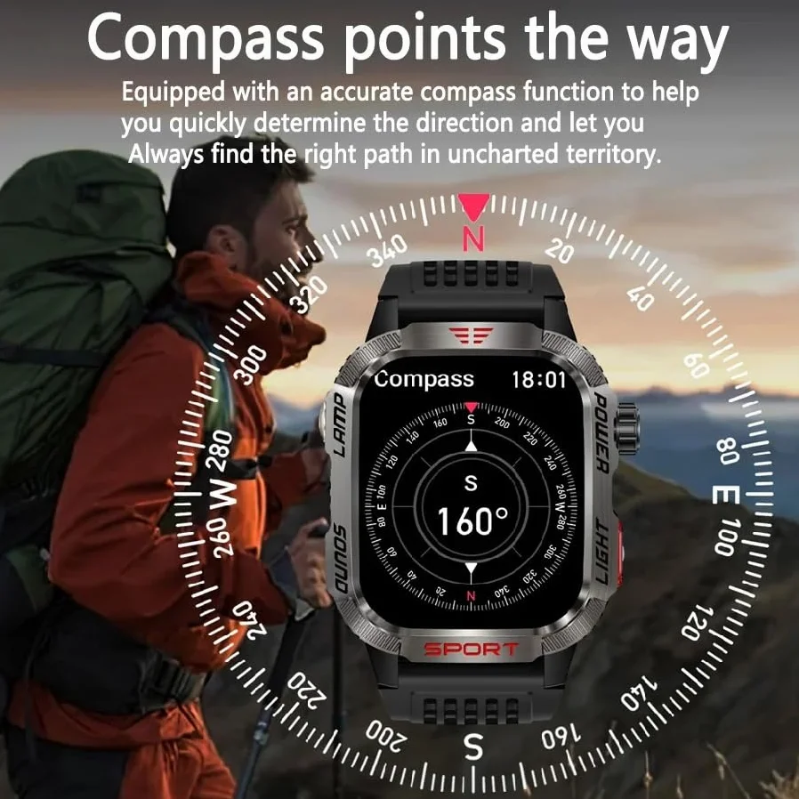 Dla Huawei Smart Watch dla Xiaomi wojskowy GPS inteligentny zegarek męski latarka kompas wodoodporny zewnętrzny sportowy tracker połączenia Bluetooth inteligentny zegarek (czarny silikonowy
