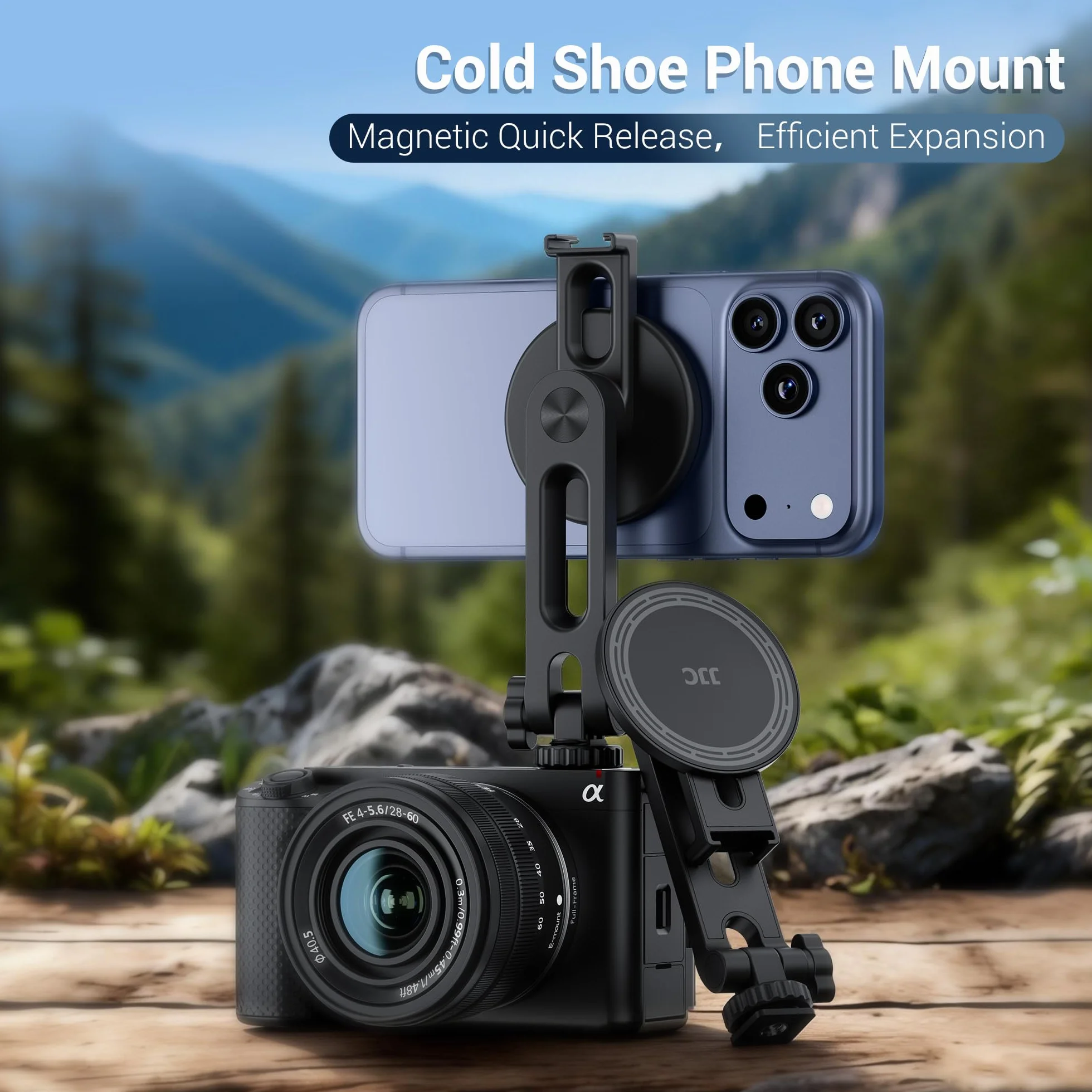 JJC Magnetyczny uchwyt na statyw do telefonu iPhone 17 16 15 14 13 Pro Max Min, nachylenie 180° przenośny stojak na smartfon na aparacie z zimną stopką i śrubą 1/4 cala do mikrofonu LED