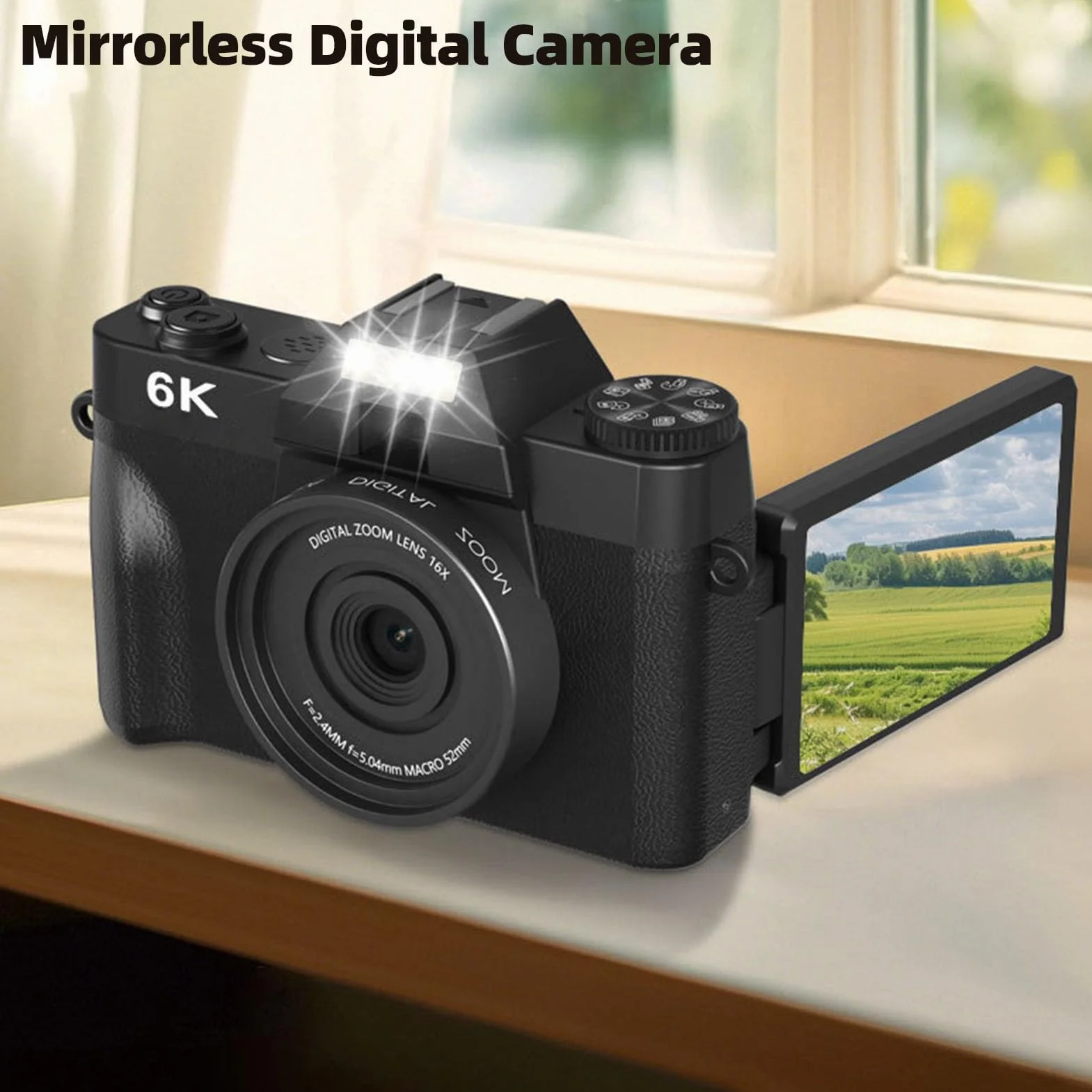 Aparat Cyfrowy 6K, 64MP Autofocus 16x Zoom Cyfrowy Aparat Fotograficzny z Transferem Wi -Fi, Błyskowa LED, Kompaktowa dla Dorosłych Nastolatków Początkujących (BLACK)