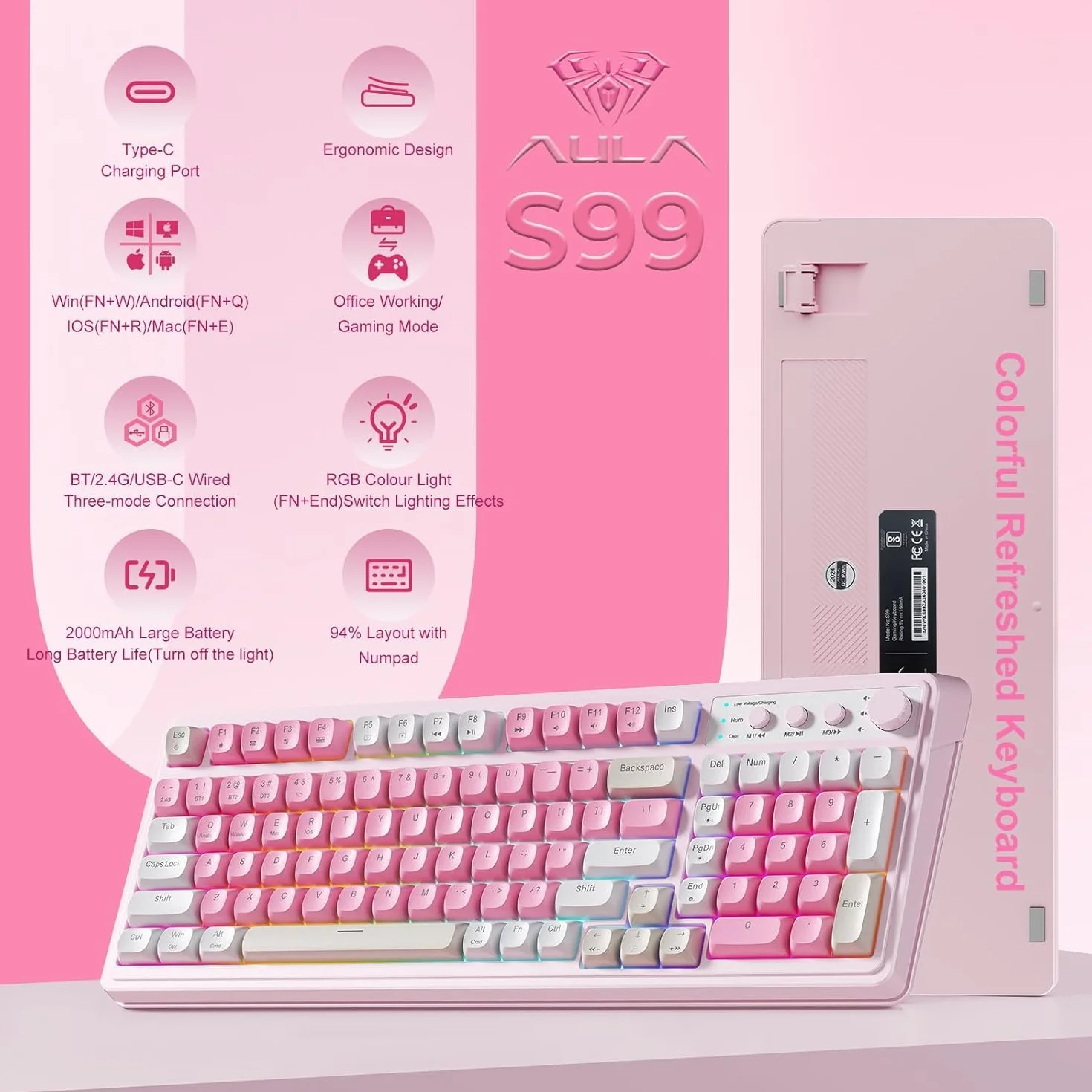TZMRIT Aula S99 klawiatura do gier, bezprzewodowa klawiatura komputerowa, Tri-Mode Bluetooth/2,4 GHz/USB-C niestandardowa kremowa klawiatura z numerami, podświetlenie RGB, przycisk Media (różowy)