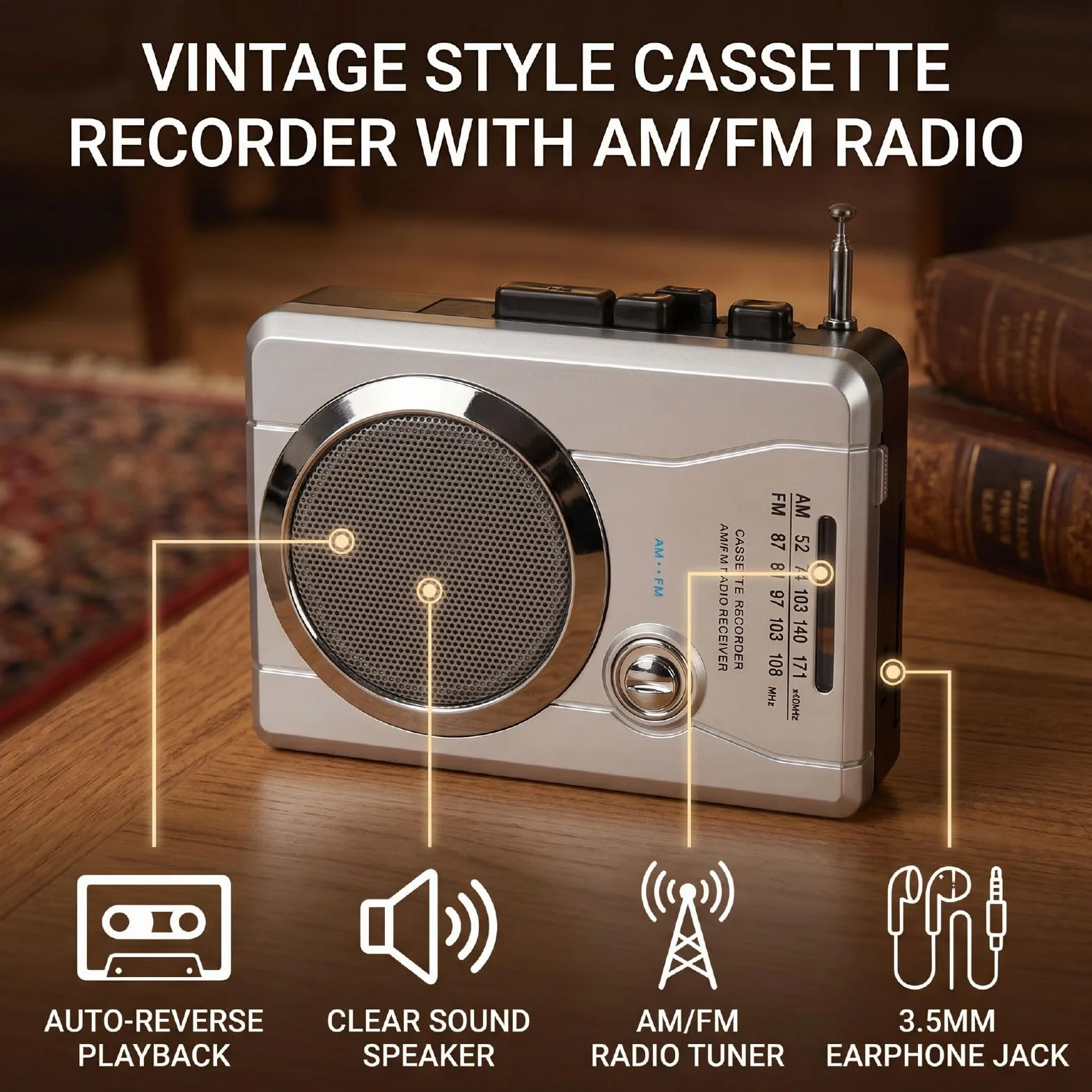 Bewinner Radio AM FM w Stylu Retro z funkcją Automatycznego Cofania i Gniazdem Słuchawkowym | Magnetofon kasetowy ABS, przenośny odtwarzacz muzyki, zabytkowe urządzenie audio, słuchanie na zewnątrz, akcesorium do