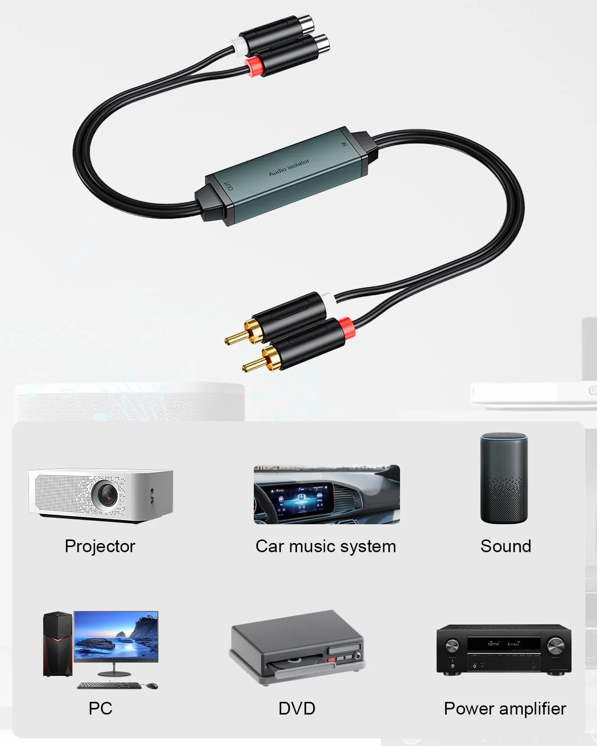 Duttek Izolator pętli uziemienia RCA, eliminator szumów z filtrem z podwójnym kablem audio RCA męski na żeński do samochodowego systemu audio/domowego systemu stereo - Plug and Play