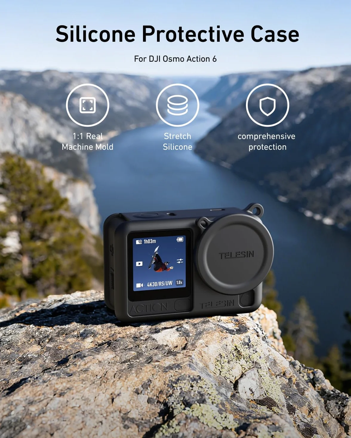TELESIN Silikonowe etui ochronne do DJI Osmo Action 6 z osłoną obiektywu i smyczą, odporne na uderzenia, zarysowania, zmywalne, antypoślizgowe, pyłoszczelne, ochrona aparatu, akcesoria Action 6