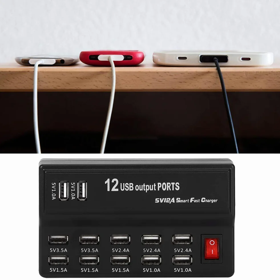 12-portowa Ładowarka USB z Inteligentnym Szybkim Ładowaniem dla Wielu Urządzeń, Ładowarka Do Telefonu Komórkowego, Tabletu, Laptopa, Wentylatora - Idealna Do Domu, Biura i Podróży