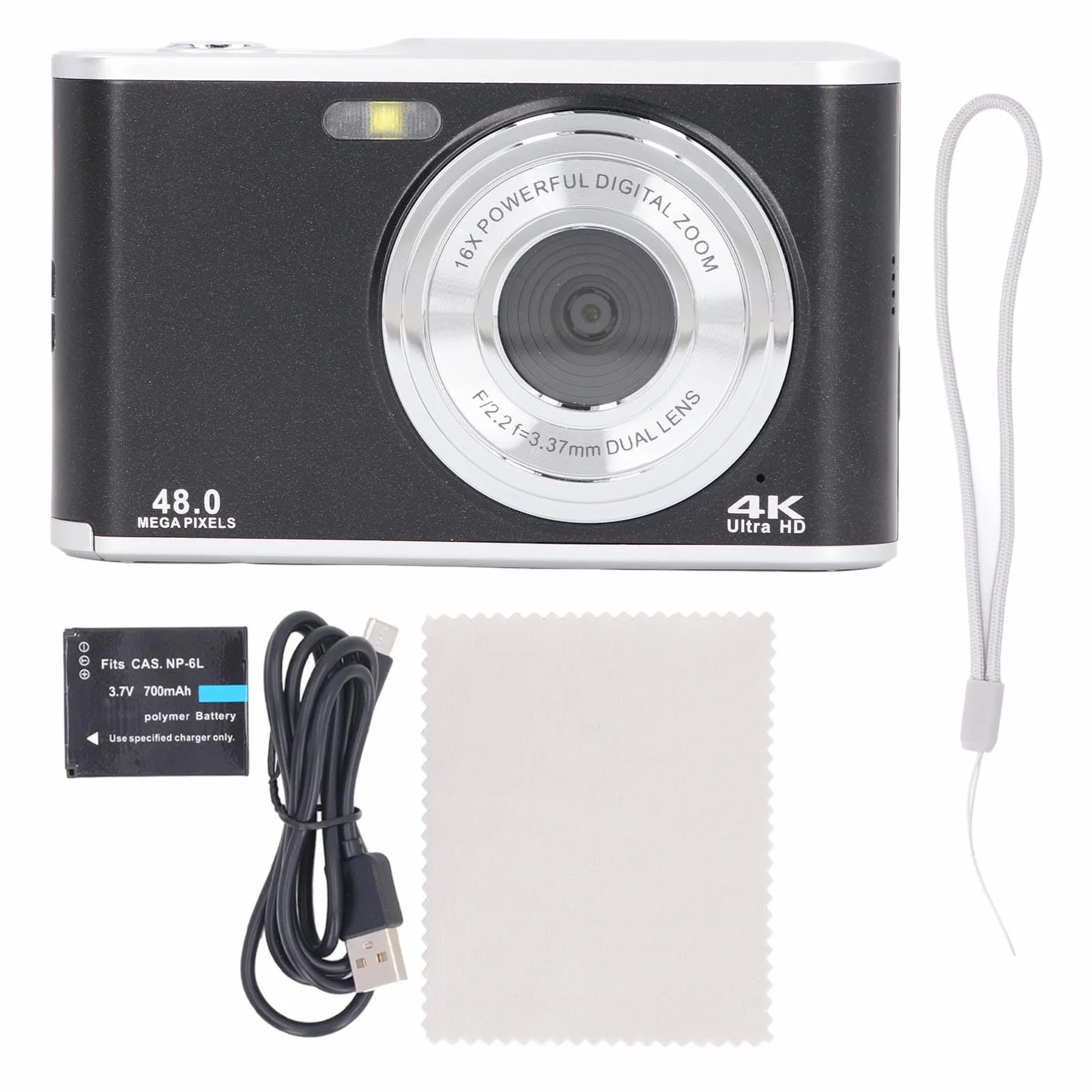 Kompaktowy Aparat Cyfrowy 48 MP 4K Ultra HD z Dwoma Obiektywami, Autofokusem, Wyświetlaczem IPS do Selfie, do Podróży i Ukończenia Studiów (BLACK)