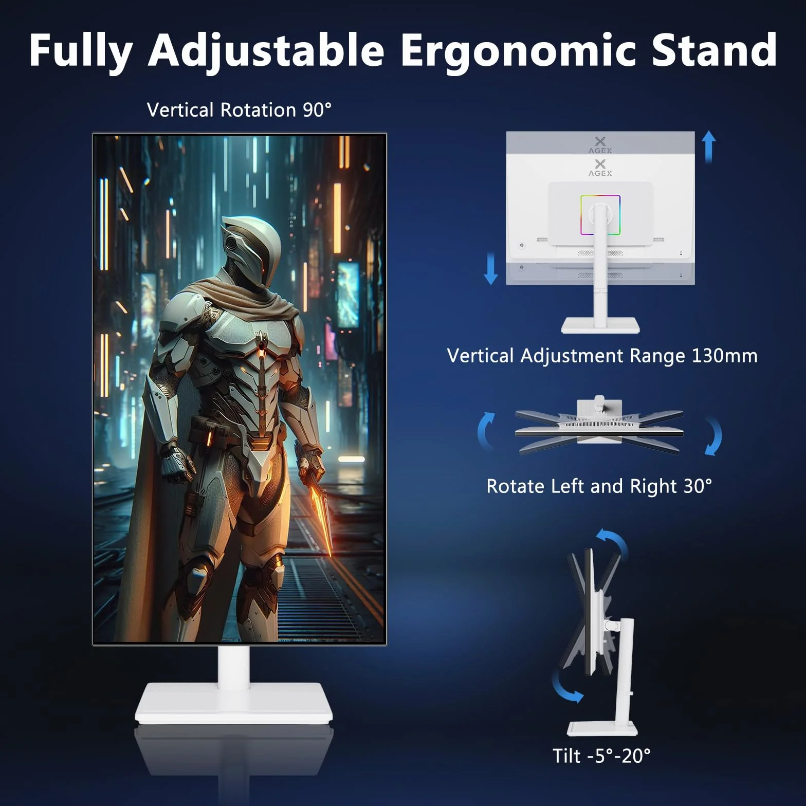 Z-Edge AGEX 27-calowy Monitor Biały Gamingowy QHD 144Hz 2K 2560x1440 Szybki IPS MPRT 1ms, Monitor LED, 350 cd/m², FreeSync, HDR10, DP & HDMI, Regulacja Wysokości, Przechylny, Obrotowy, Pivot, Czarny