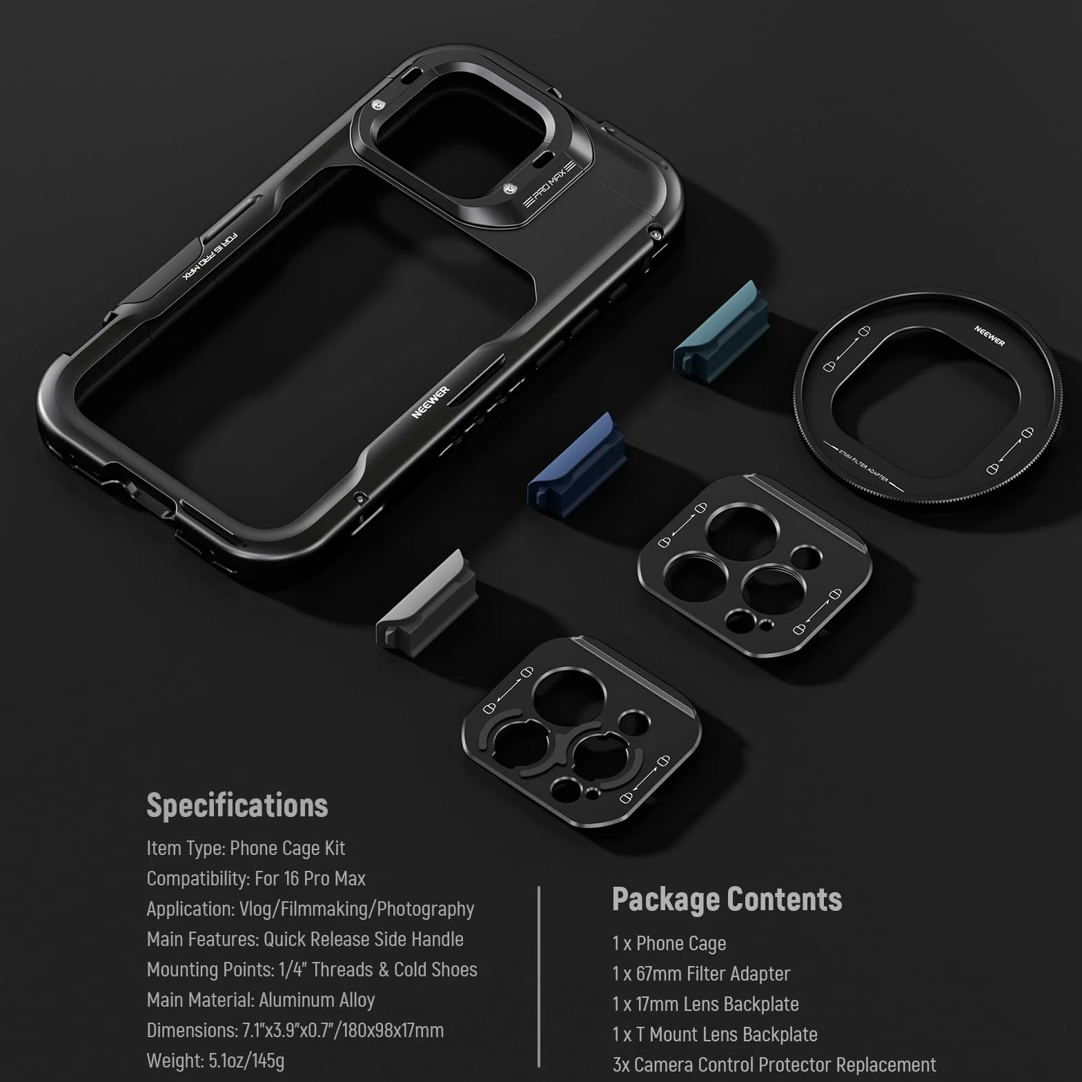 NEEWER Klatka 16 Pro Max, stabilizator telefonu do szybkiego zwalniania kompatybilny z iPhone 16 Pro Max z adapterami filtra 67 mm, obiektyw 17 mm i obiektyw z mocowaniem T, pełny dostęp do sterowania