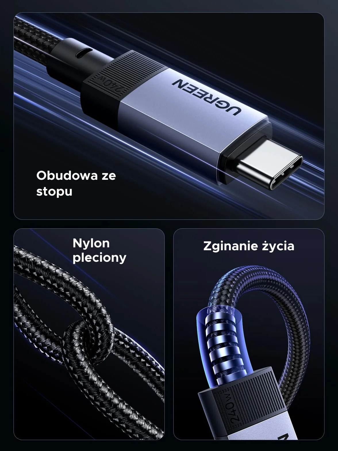 UGREEN 40 Gbps USB-C kabel z szybkim ładowaniem 240W, przesył 4K | Dla iPhone 17/16, MacBook, iPad, Galaxy S26, Steam Deck, monitory, stacje dokujące i urządzenia USB‑C. (40 Gbps 1M)
