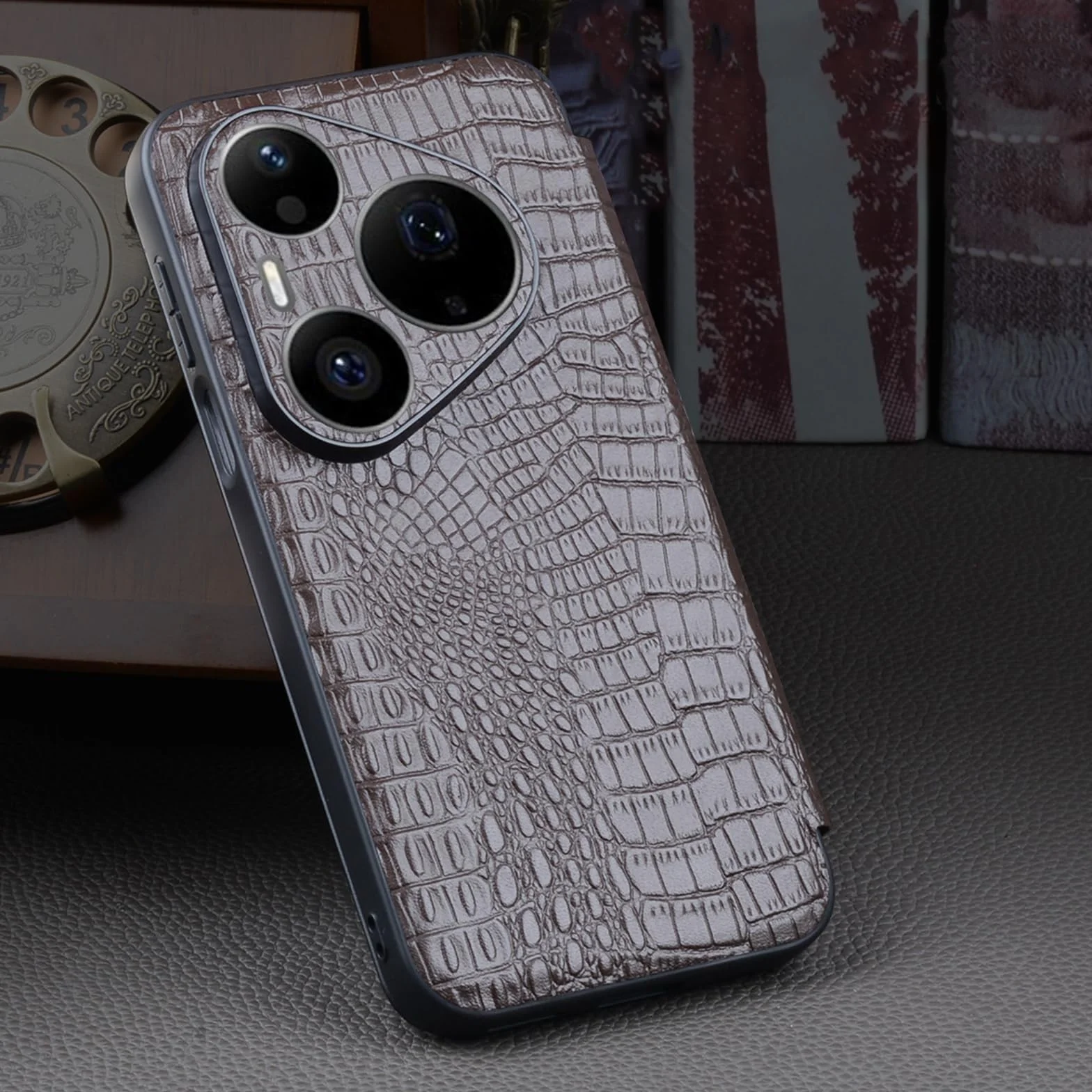 Etui z klapką do Huawei Pura 90 Pro Max/90 Pro, magnetyczne zamknięcie inteligentne okna etui krokodyl wzór prawdziwej skóry, czarny, 90 Pro