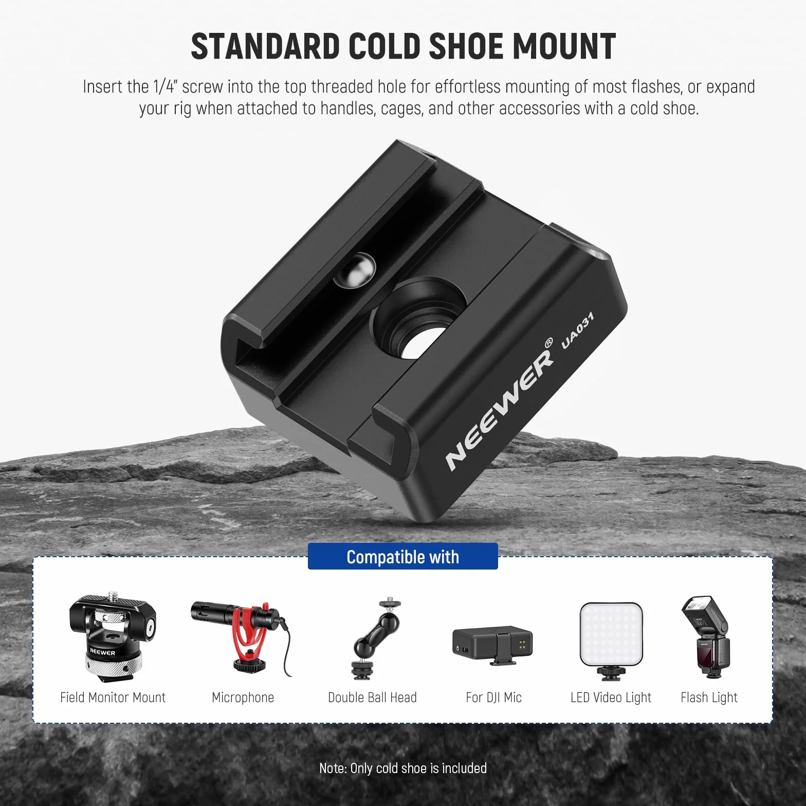 NEEWER Zestaw 2 adapterów montażowych Cold Shoe Mount ze śrubą 1/4" do lampy błyskowej LED, aluminiowy uchwyt na buty z antypoślizgową podkładką zapobiegającą skręcaniu, kompatybilny z uchwytem górnym