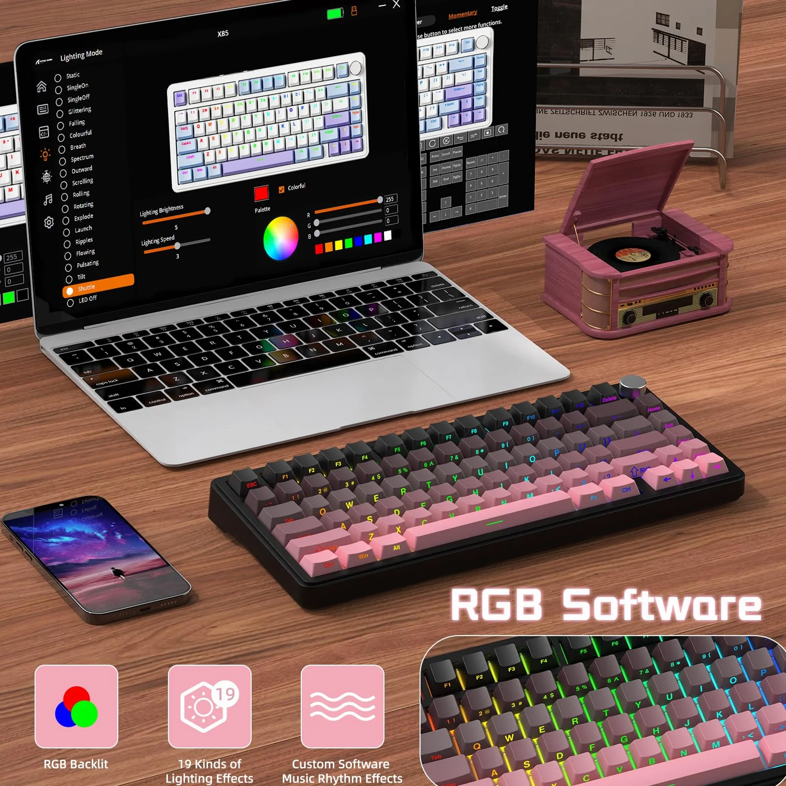 ATTACK SHARK X85 Uszczelka Klawiatura mechaniczna z pokrętłem, bezprzewodowa klawiatura do gier w trybie 75% (BT5.0/2.4G/USB-C) i pięciowarstwowa wyściółka, RGB, 5000 mAh, nadruk z boku (Fioletowy)