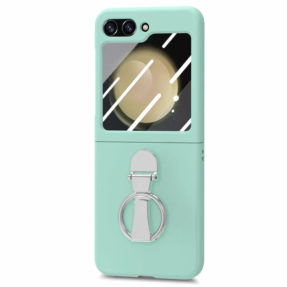 Odporne na wstrząsy etui do Samsung Galaxy Z Flip 7, osłona ekranu ze szkła hartowanego, etui na telefon z metalowym uchwytem pierścieniowym, stojak, cienkie, twarde etui z PC, zielone, Flip 7