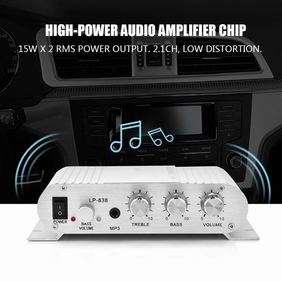 2-kanałowy wzmacniacz basowy 12 V, 15 W, stereo, mały wzmacniacz, do samochodu, domu, audio, wzmacniacz mocy cyfrowy (biały)