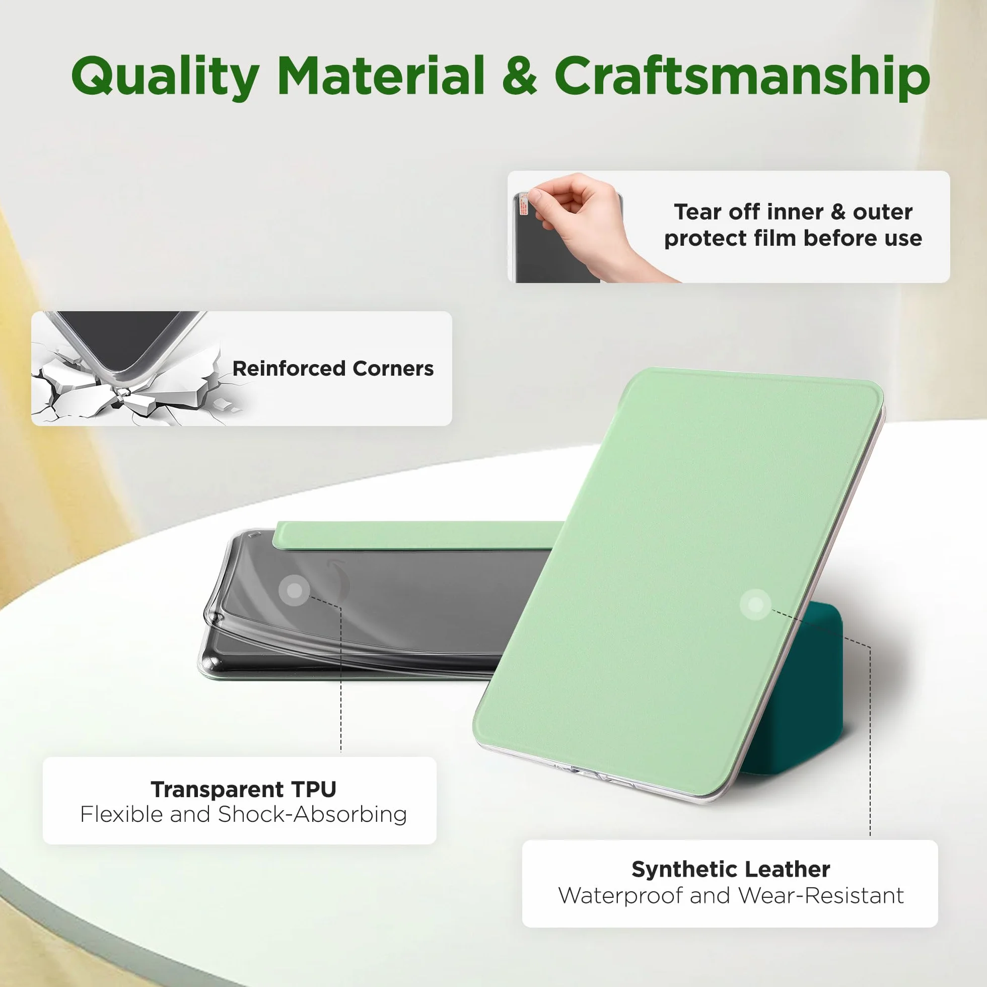 SESENSE Odłączane magnetyczne etui do Kindle 6'' 2024 i 2022 (11 generacji), smukłe etui z PU Shell Cover z automatycznym budzeniem/uśpieniem, zielony matcha