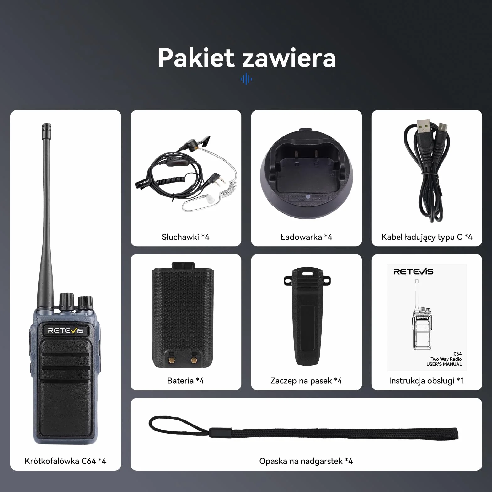 Retevis C64 Walkie Talkies Dwupasmowe krótkofalówki dalekiego zasiegu, Inteligentne Rozpoznawanie Głosu, Redukcja Szumów, Przenośne Radio ze Słuchawkami do Restauracji, Hoteli (Czarne, 4 szt)