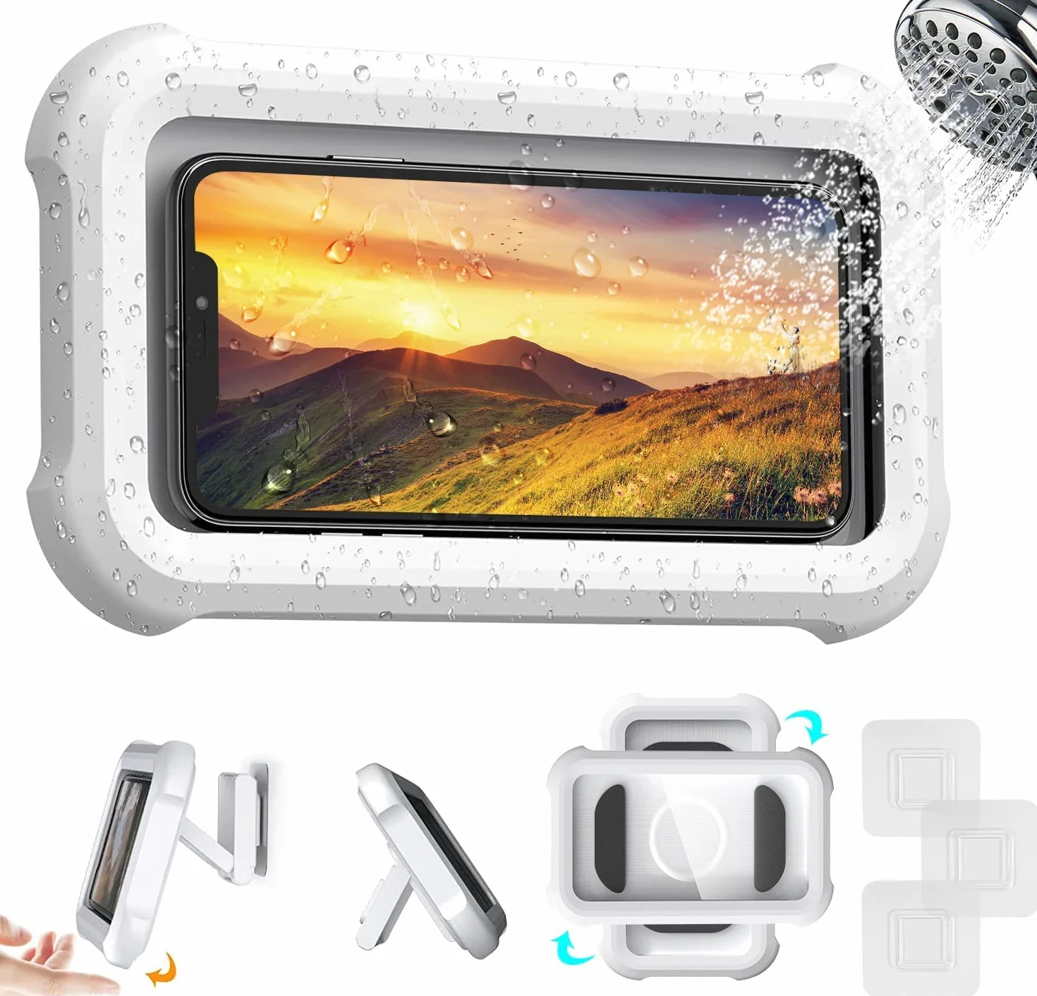 LUCKYDUO Stojak na telefon komórkowy pod prysznic, obracany o 480°, wodoszczelny ekran dotykowy HD