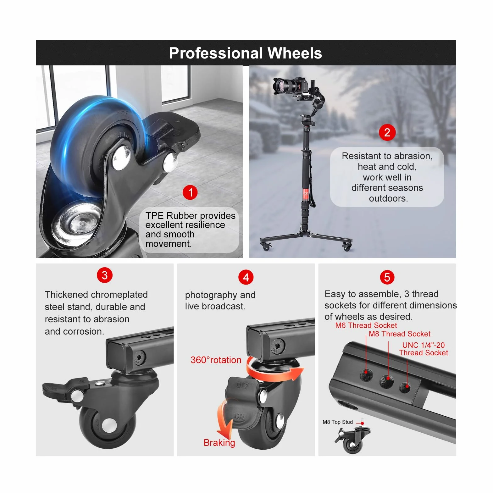 SUNWAYFOTO T1A20R Monopod Dolly, Heavy Duty Rolling Stand, 110lbs (50 kg) pojemność, gumowe koła fotograficzne, statyw z kółkami do fotografii akcji