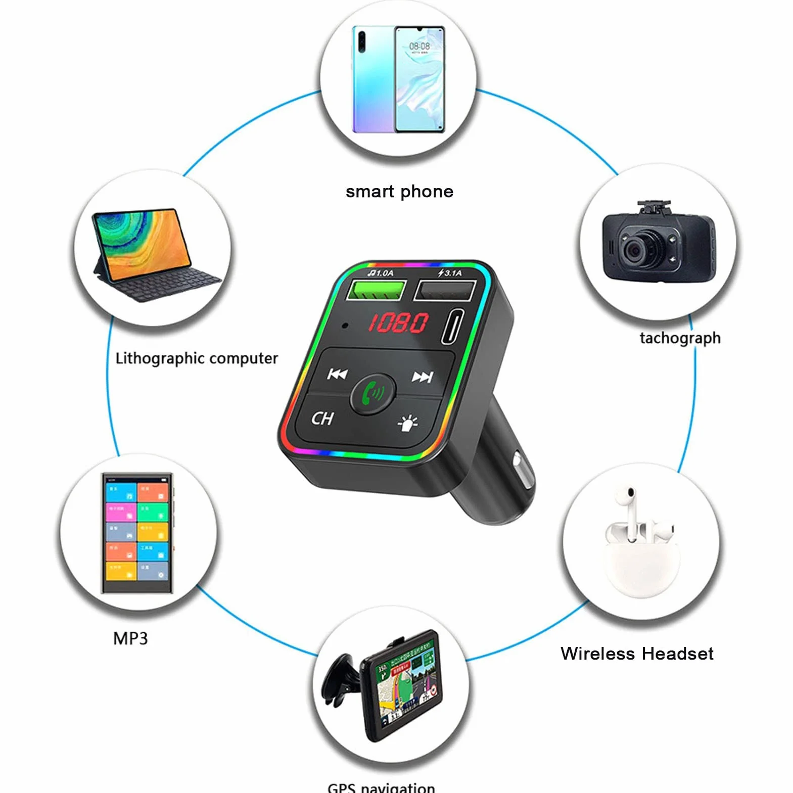 Nadajnik FM Bluetooth do Samochodu, Nadajnik FM do Samochodu Bluetooth 5.0 z ładowarką Samochodową, Zestaw Głośnomówiący, Adapter Radiowy Bluetooth, z Wyświetlaczem LED