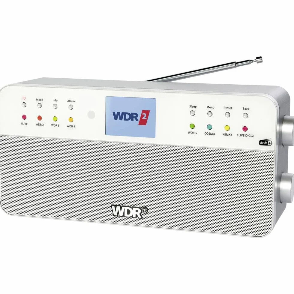 Radio WDR – 8 przycisków pamięci do nadajnika WDR – pilot zdalnego sterowania – Bluetooth – wejście na słuchawki – kolorowy wyświetlacz – dźwięk stereo – AUX-In – srebrny – radio cyfrowe
