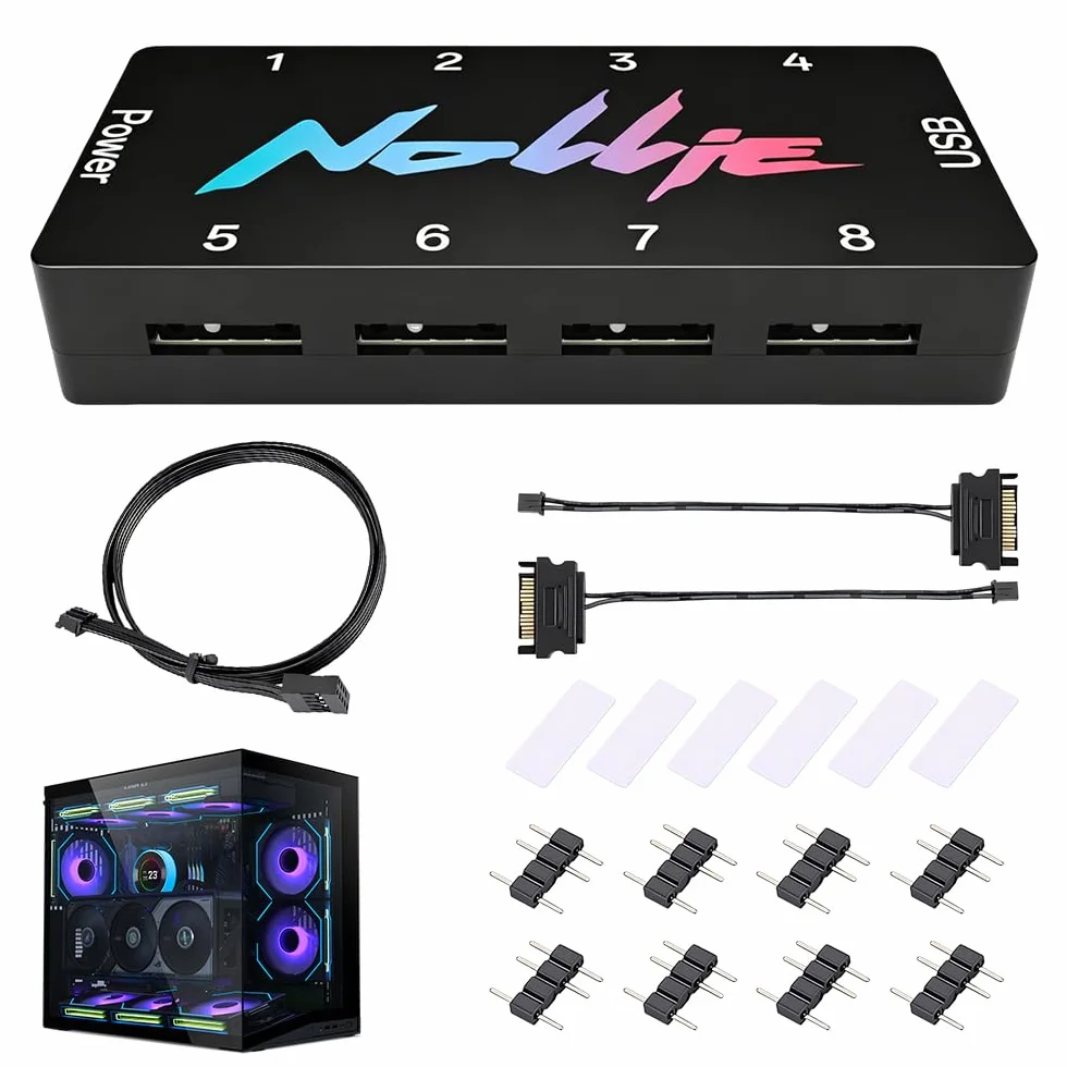 Kontroler ARGB, kontroler HOVCEH 5 V 3 PIN ARGB, hub do wentylatorów PC RGB z 2 portami zasilania SATA i 8 portami, procesor z rdzeniem RISC-V, kompatybilny z SignalRGB i OpenRGB