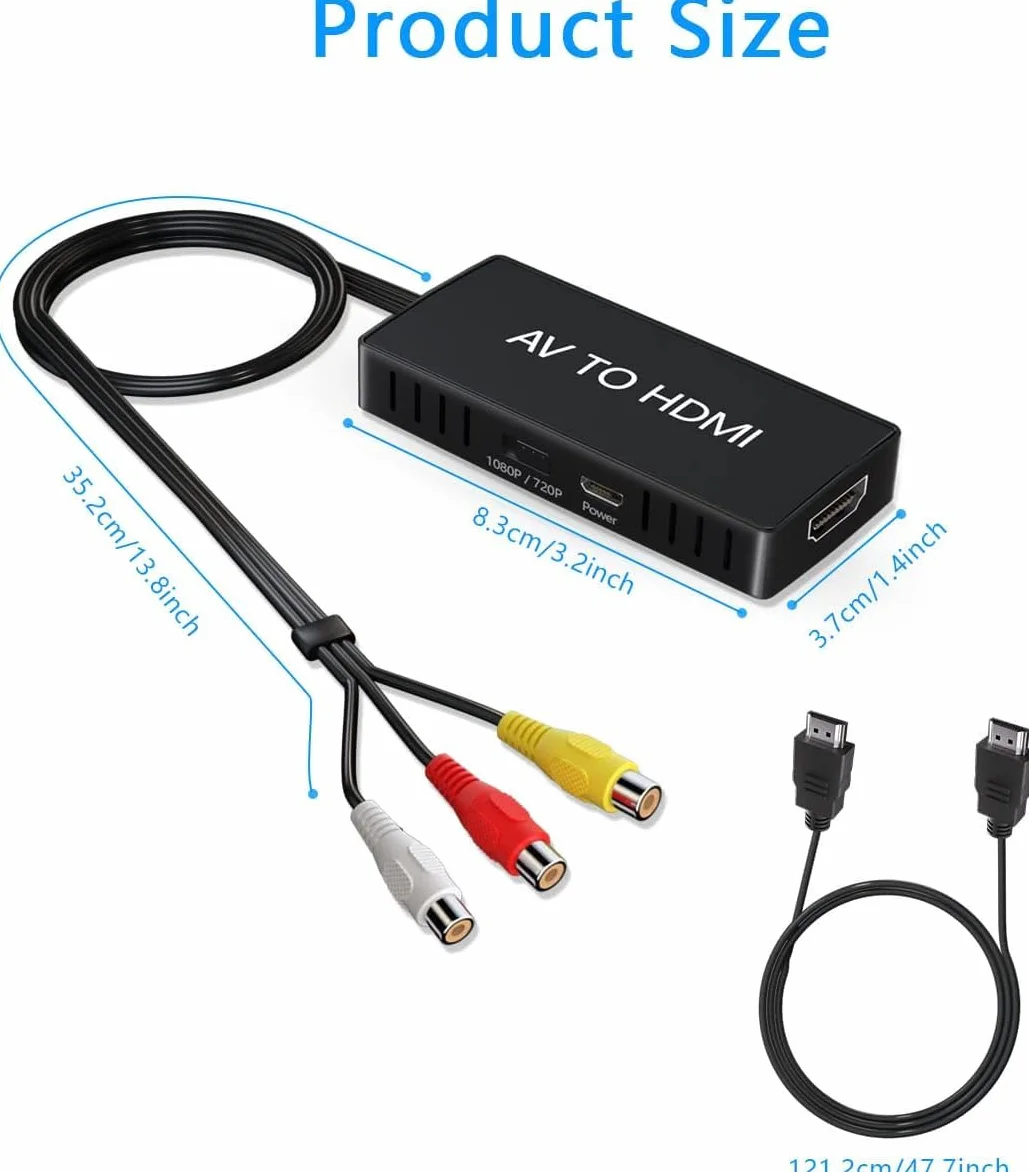 Konwerter RCA na HDMI, adapter AV na HDMI, 720P/1080P RCA Composite CVBS Adapter obsługuje PAL/NTSC do komputera, laptopa, telewizora, WII, Xbox, PS2, PS3, STB, VHS, VCR, odtwarzaczy DVD