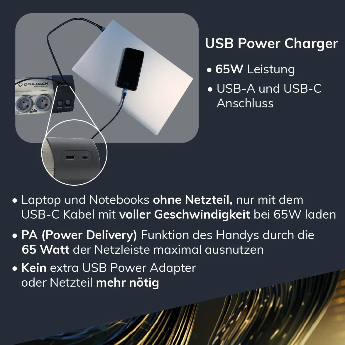 OEHLBACH Powersocket 907 MKII wysokiej jakości listwa zasilająca HiFi z filtrowaniem i ochroną przed przepięciem (2 gniazda USB – ładowarka USB-C 65 W Power i gniazdo USB-A) – szczotkowane aluminium