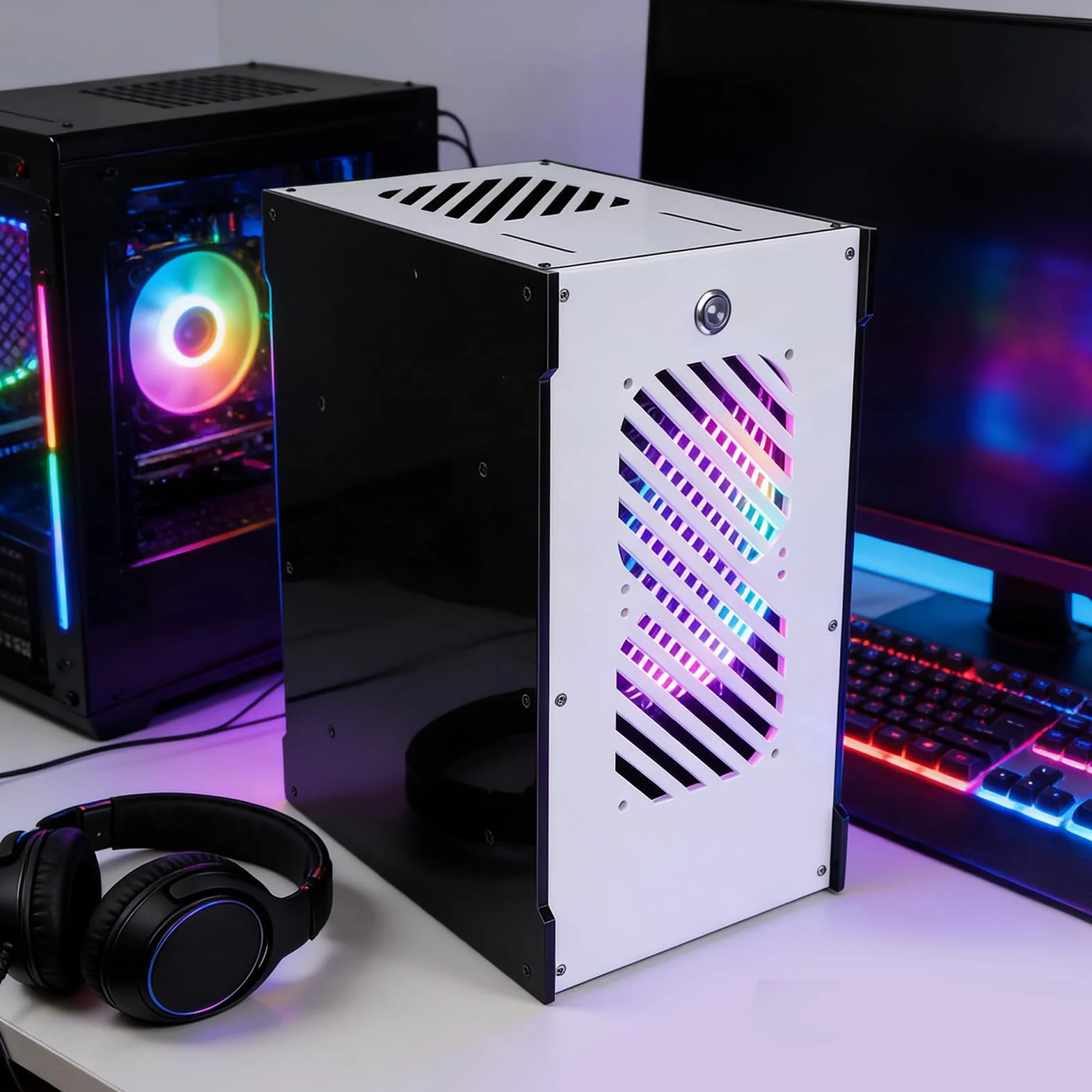 Denash Mała Obudowa Komputera PC, Obudowa Mini Komputera ITX z wentylacją 360 Stopni, Przezroczysty Panel Akrylowy, Obsługuje Zasilacz SFX, do Konfiguracji Gier w Domowej Rozrywce