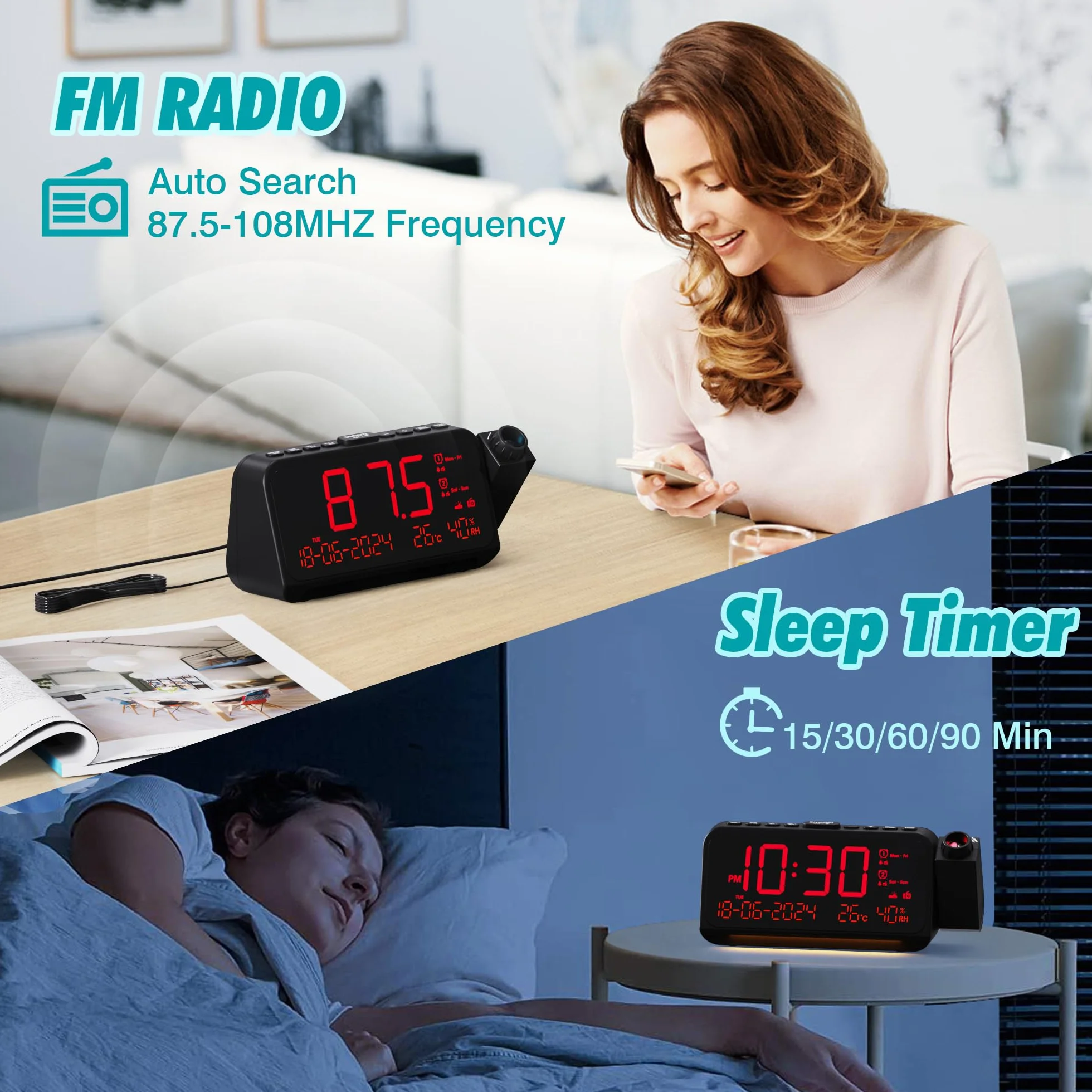 Radiobudzik cyfrowy, budzik z projektorem, radio FM i automatyczny wyłącznik, projektor 320° ze ściemniaczem, tryb weekendowy, podwójny alarm, temperatura i wilgotność powietrza, budzik głośny z