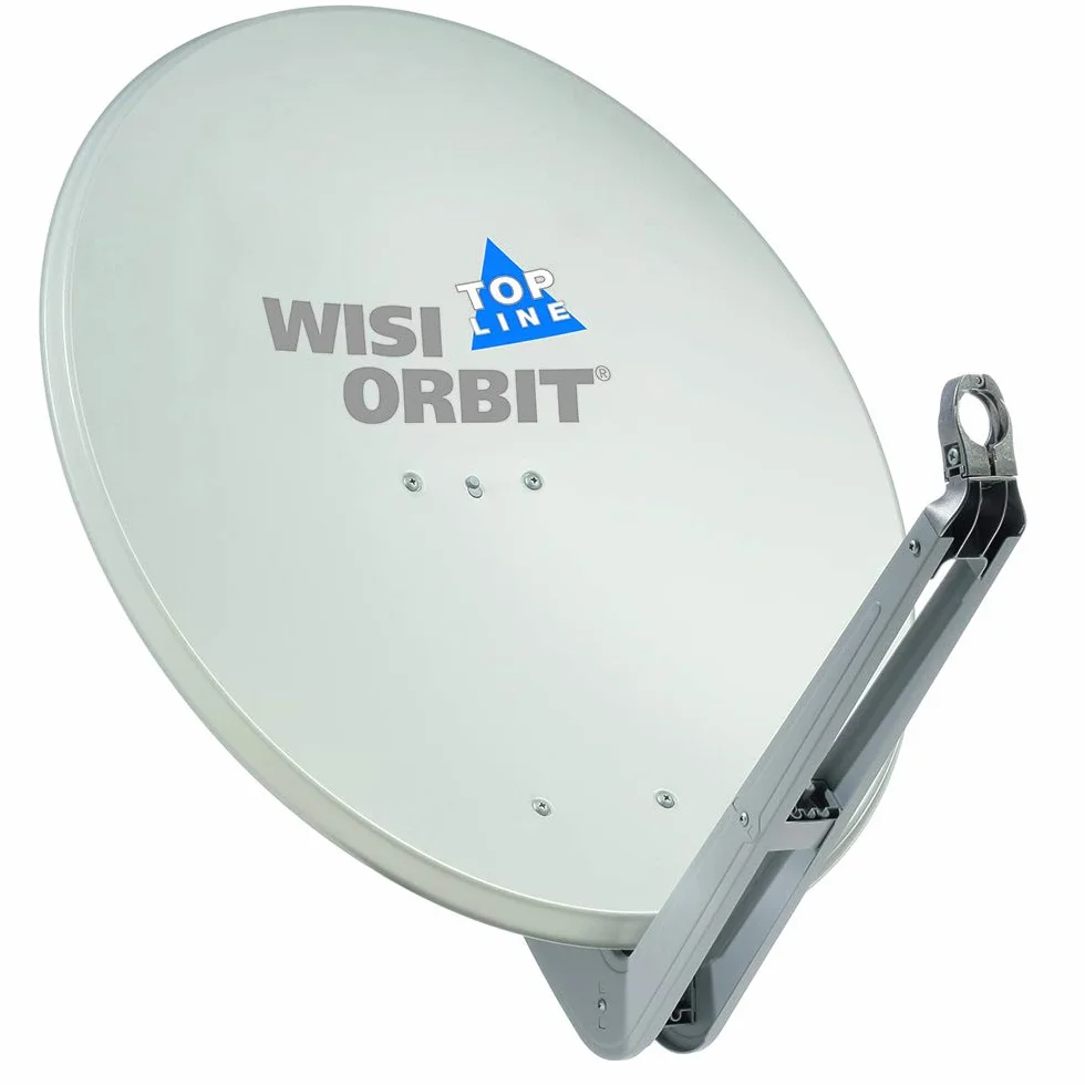 WISI Orbit Topline antena offsetowa OA85G w kolorze jasnoszarym – 85 cm reflektor z aluminium z 40 mm uchwytem LNB, podnoszonym i obejmami maszowymi – kompletna antena satelitarna z akcesoriami montażowymi