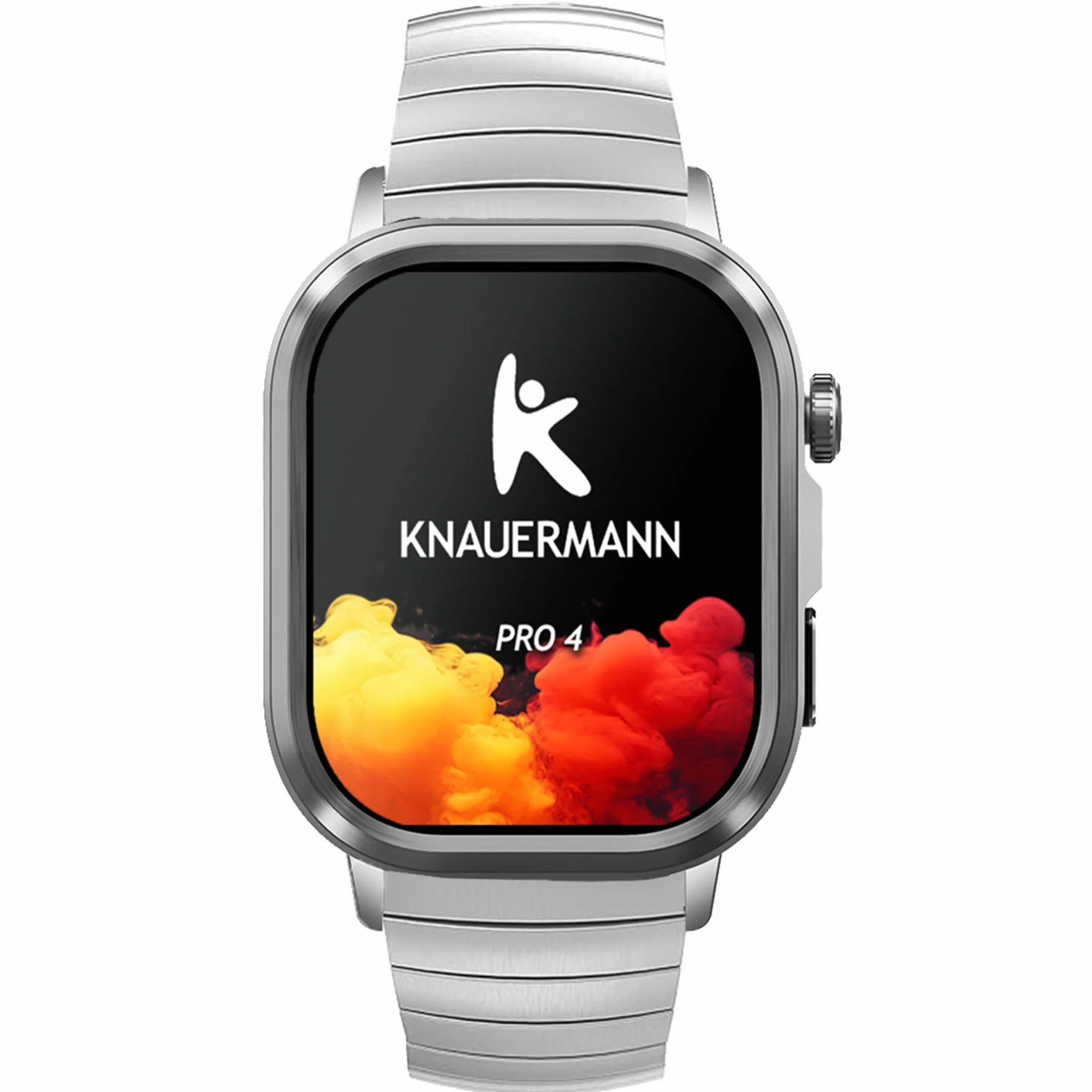 Knauermann PRO 4 (2026) prostokątny srebrny zegarek zdrowotny EKG z pomiarem ciśnienia krwi, pulsu i tlenu we krwi, funkcja telefonu, analiza snu, IP67, 46 mm, pakiet premium