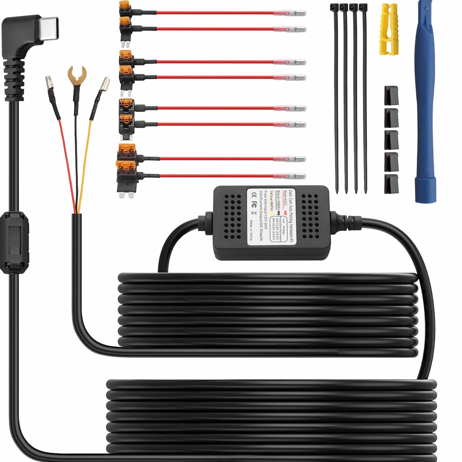 eSynic Universal 3 Wire 11.5ft/3.5M USB C Dash Cam Hardwire Kit Suitable for All Brand Dash Camera 12V-24V to 5V HardWire Fuse Kit for Dashcam Support Acc Mode & Low Voltage Protection with 8 Fuses