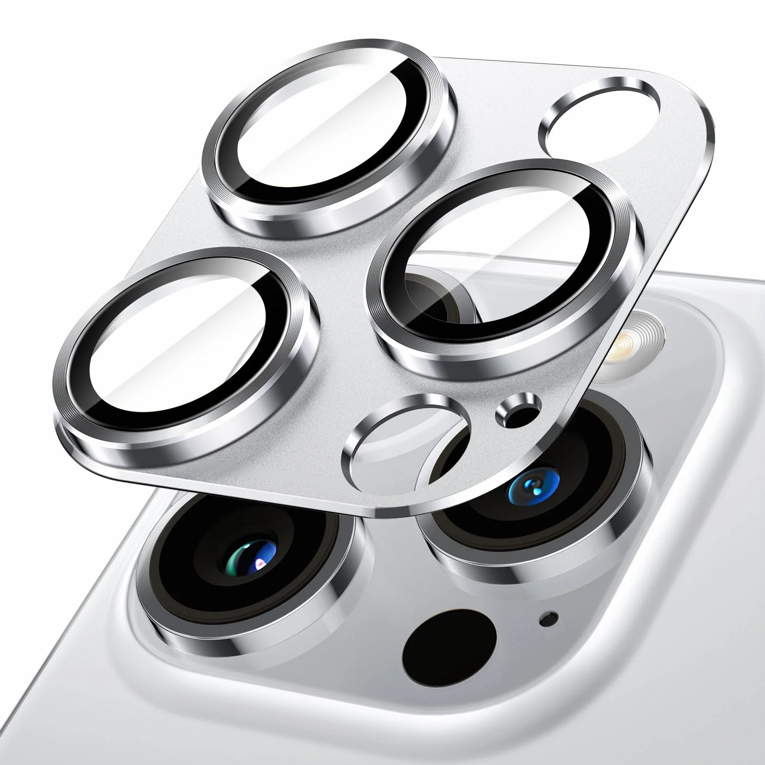JETech Osłona Obiektywu Aparatu do iPhone 14 Pro i 14 Pro Max, Szkło Hartowane 9H, Metalowa Płytka, Srebrny