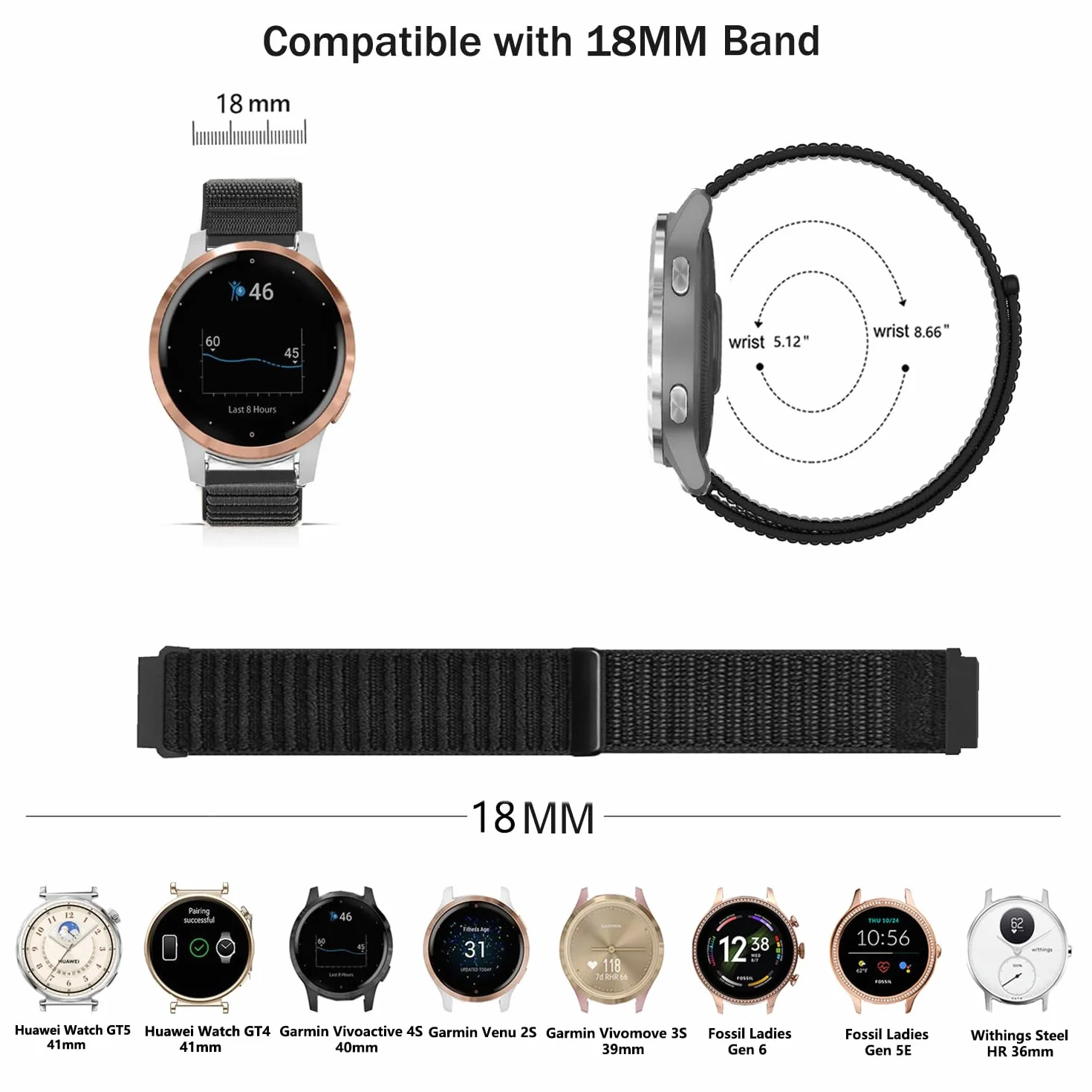 Issinlky Nylonowy pasek kompatybilny z Garmin Venu 4 41 mm/Venu 2S/3S/Vivoactive 4S/Vivomove 3S, elastyczny pasek sportowy 18 mm do zegarków Fossil Ladies Gen 6/5E/4/3 Women Men