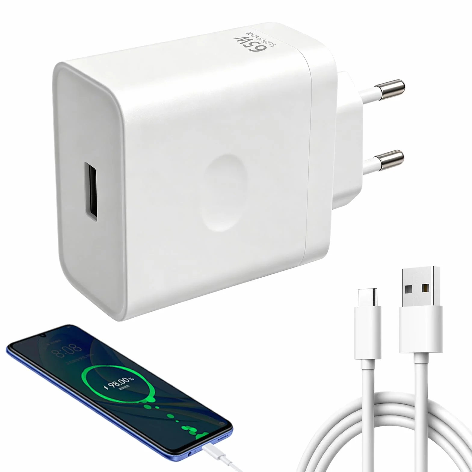65W USB-C Ładowarka do Super-VOOC, ładowarka super-vooc z kablem USB-A na C Find X7/X6/X5/X3/Reno 11/10/8/7/6 do One-Plus 11/10T Nord 2T/10 Pro do Real-me GT/9 Pro