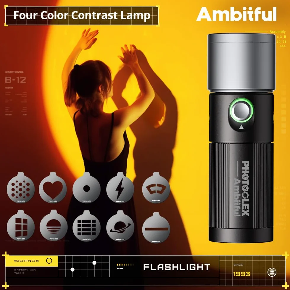 AMBITFUL Ręczna latarka fotograficzna LED, 4 kolory, przenośny reflektor fotograficzny z 20 gobo, 8400 mAh stop aluminium ładowalne światło wypełniające, wideo, tworzenie treści