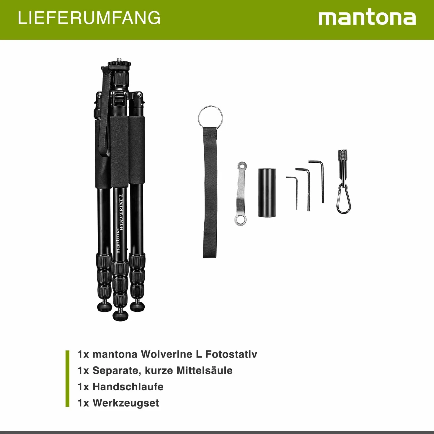 Mantona Wolverine L 284 statyw do aparatu, aluminium, statyw fotograficzny do 15 kg, regulacja wysokości do 166 cm, statyw z kolcami, ważką, lampa LED, może być używany jako statyw trójnożny i
