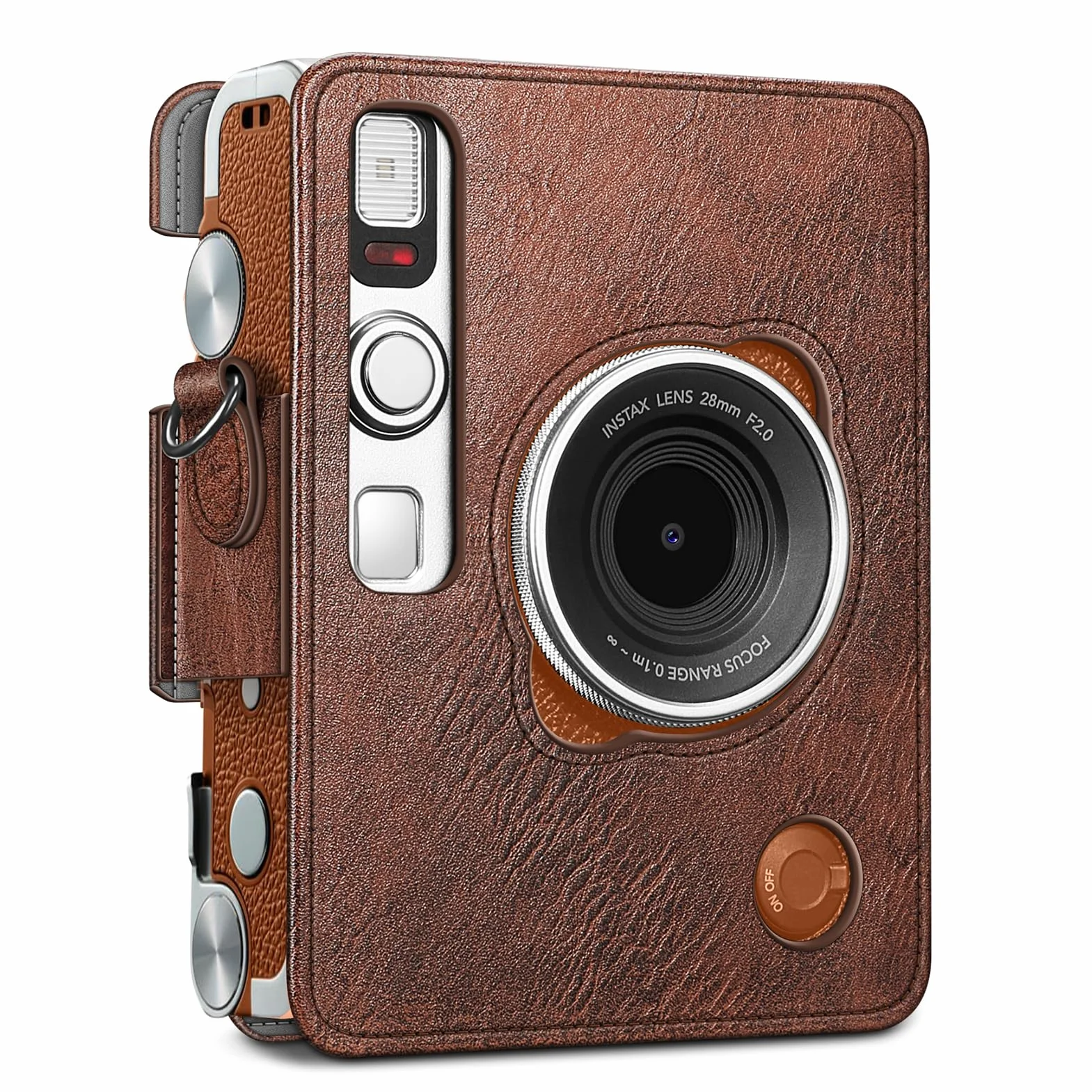 FINTIE etui ochronne Kompatybilny z Fujifilm Instax Mini Evo na aparat fotograficzny, wysokiej jakości wegańska skóra z odpinanym regulowanym paskiem, Brązowy vintage
