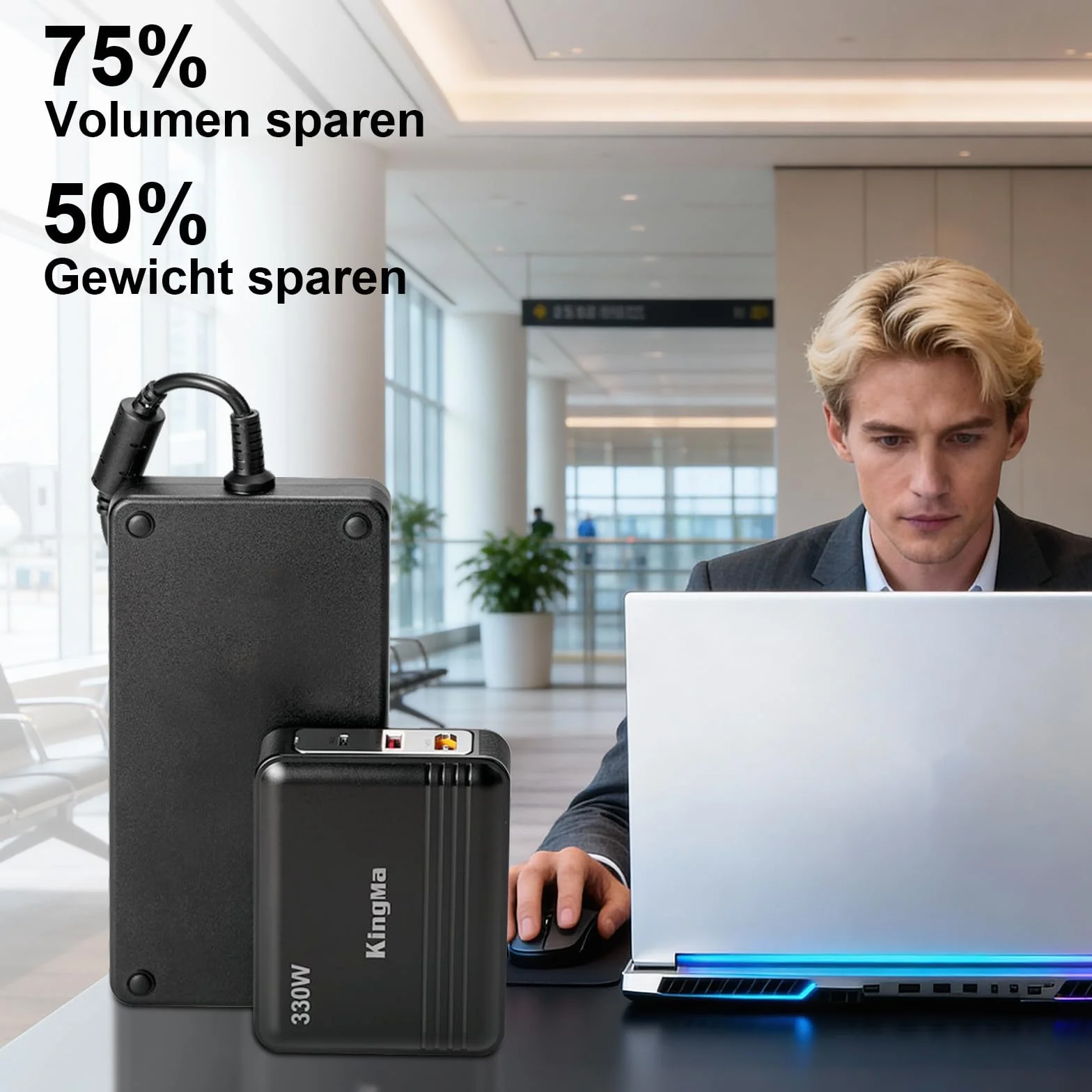 King Ma GaN ładowarką do laptopa Razer Blade 18 (2025)5080/5090, przenośna, 3-portowa ładowarka, szybkie ładowanie USB z wyjściem 20 V/20 A do gier i technicznych ładowarek do laptopa